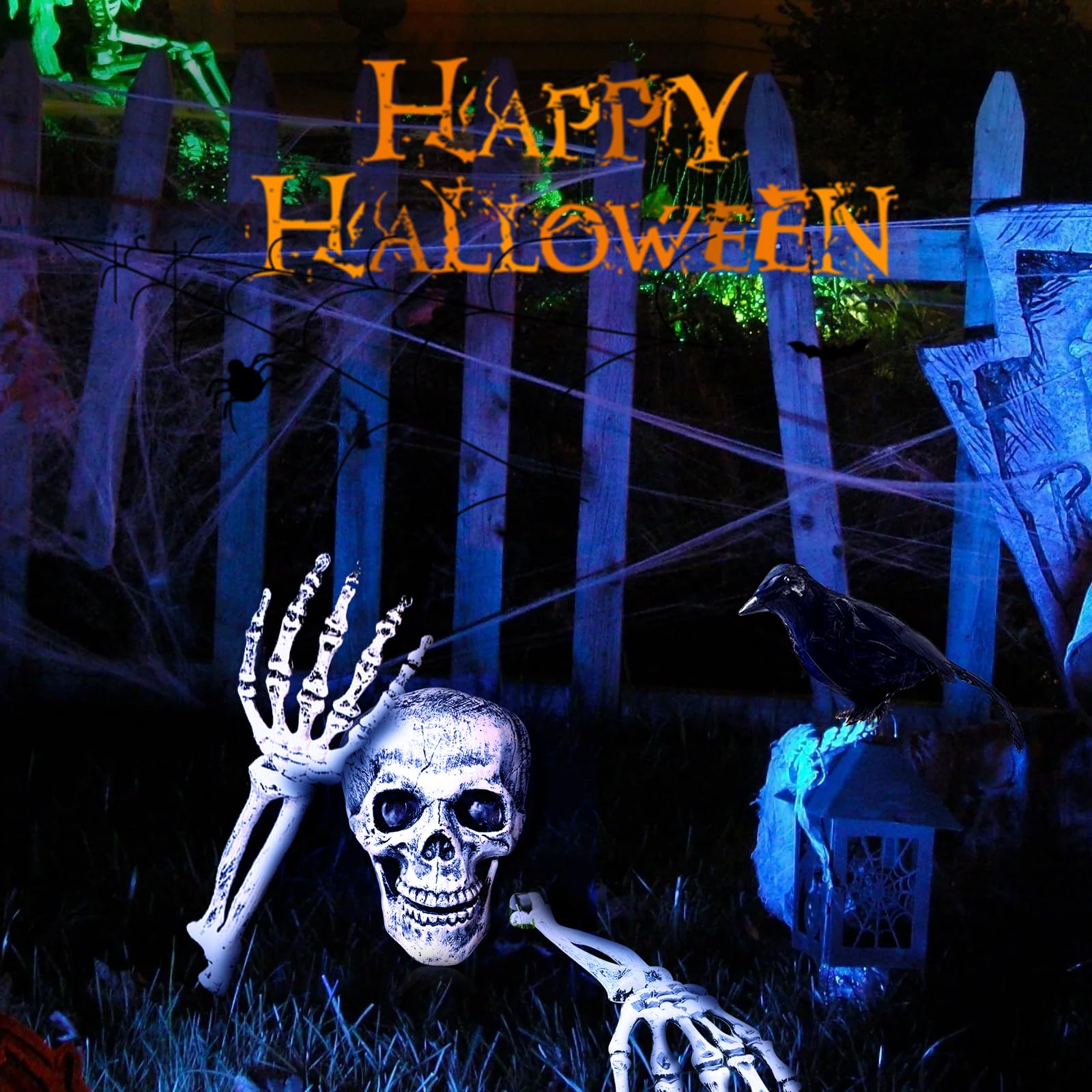 HXUING 4-teilige Halloween Deko - Skelett, Totenkopf & Krähe Für Gruselige Partys