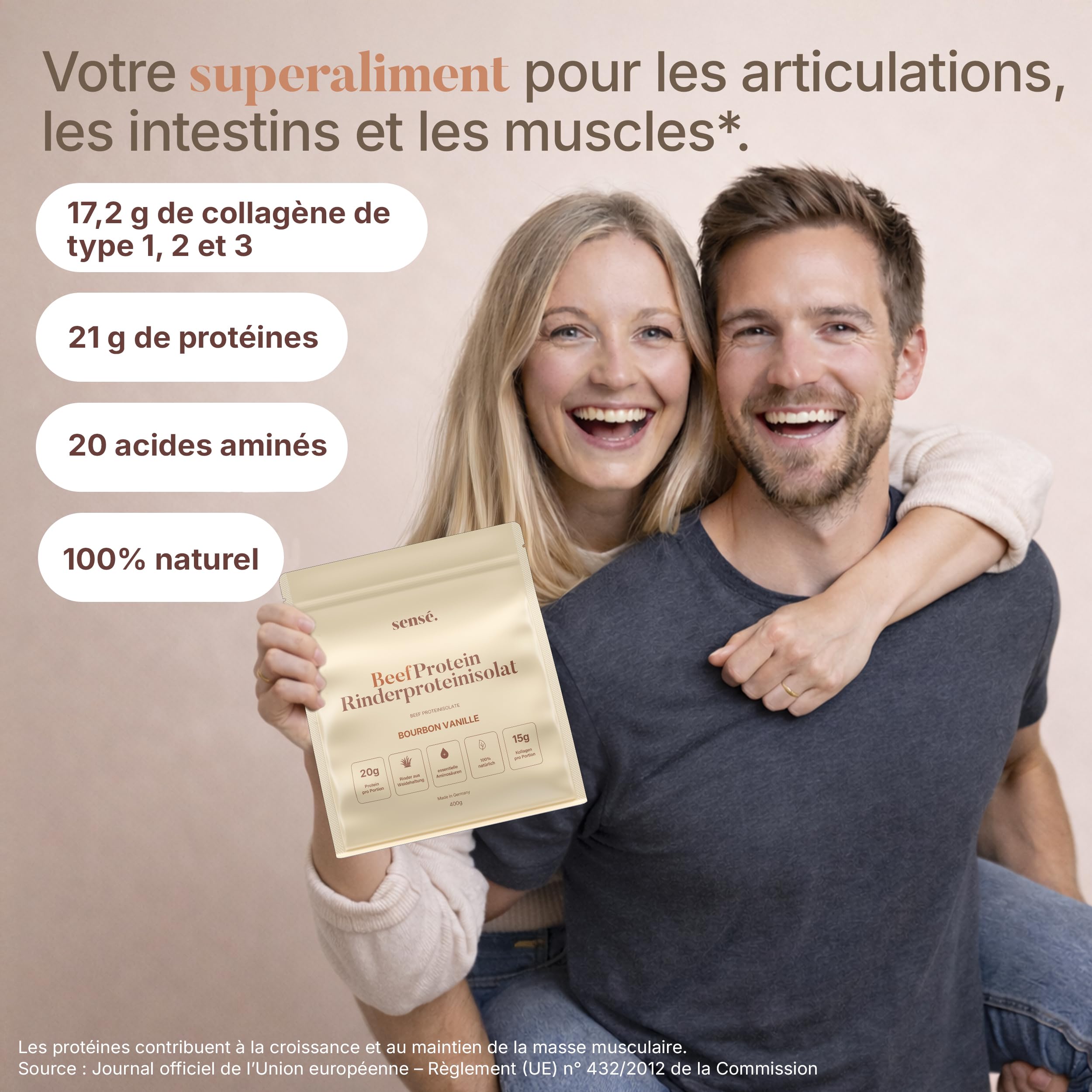 Poudre de protéines de bœuf à la vanille 400 g - 100% naturel | 21 g de protéines | Vanille Bourbon et écorces de psyllium | Bioactif | Collagène 1, 2 et 3 | Bouillon d'os de bœuf élevé en pâturage