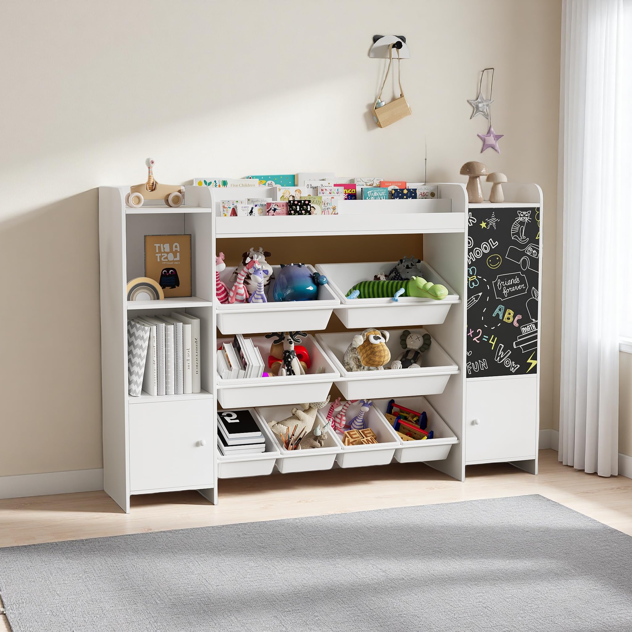 PerGar Bücherregal Kinder, Spielzeug-Organizer, Multifunktionale Ablage mit 8 Aufbewahrungsboxen, mit Tafel, Aufbewahrung von Büchern & Spielzeug im Kinderzimmer, Weiß, 137×94.5×30cm