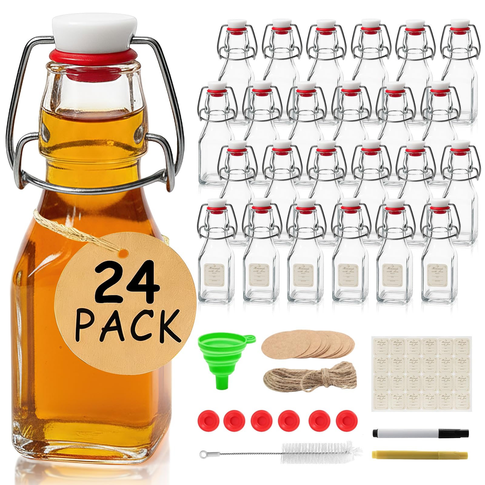 Photo 1 of Ruckae Square Swing Top Glass Bottles with Lids Kombucha Coquito Flip Top Glass Bottle for Syrup Vanilla Extract Brew Beer Kefir Air Tight Bottles for Gift (4 oz 24 pack)