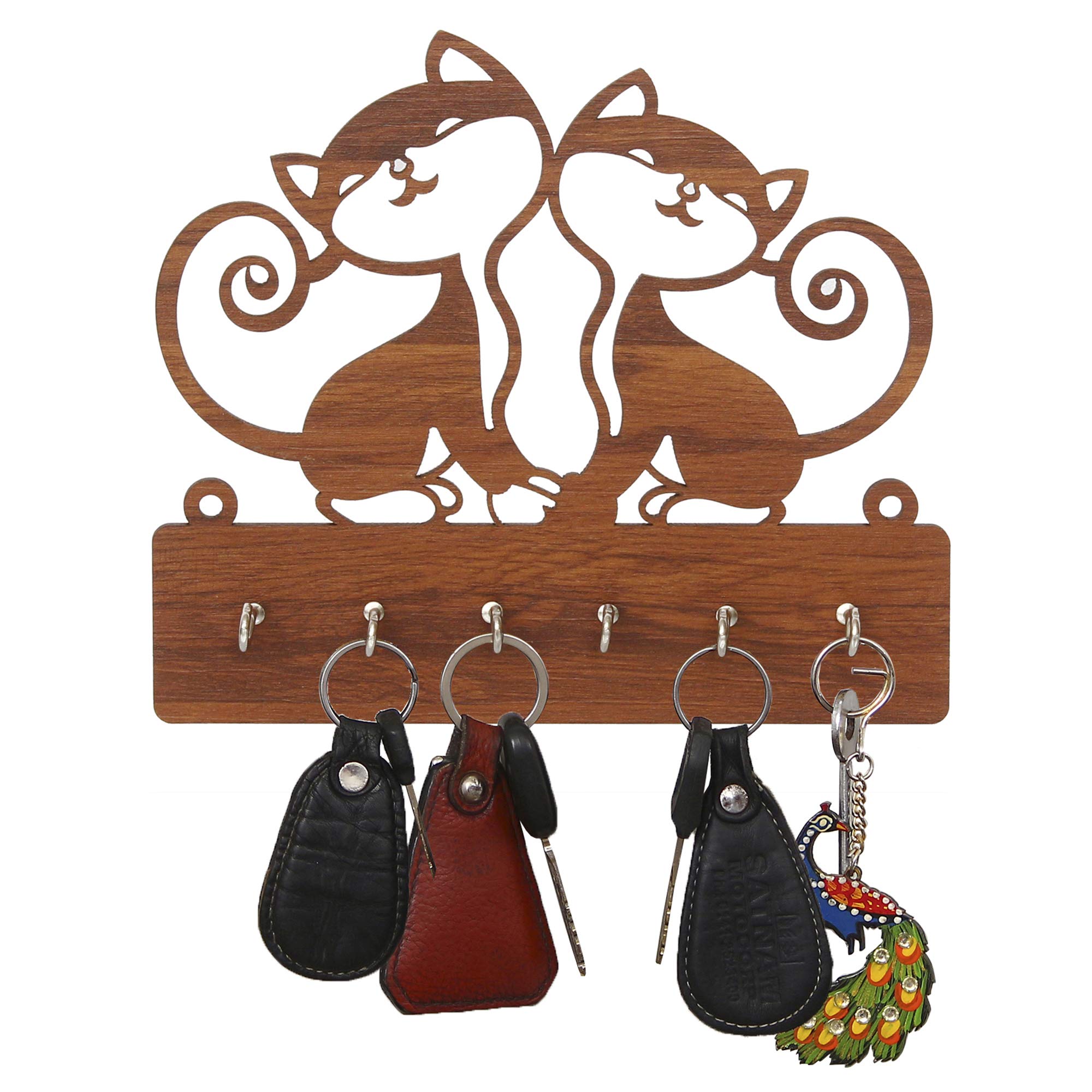 CAPIO ART MDF Wood Wall Mounted Cat Design Key Holders for Wall Decor Wooden Hanger Stylish Hook Stand Key Organizer for Home Decor and Office Décor (6 Hooks_Light Brown)