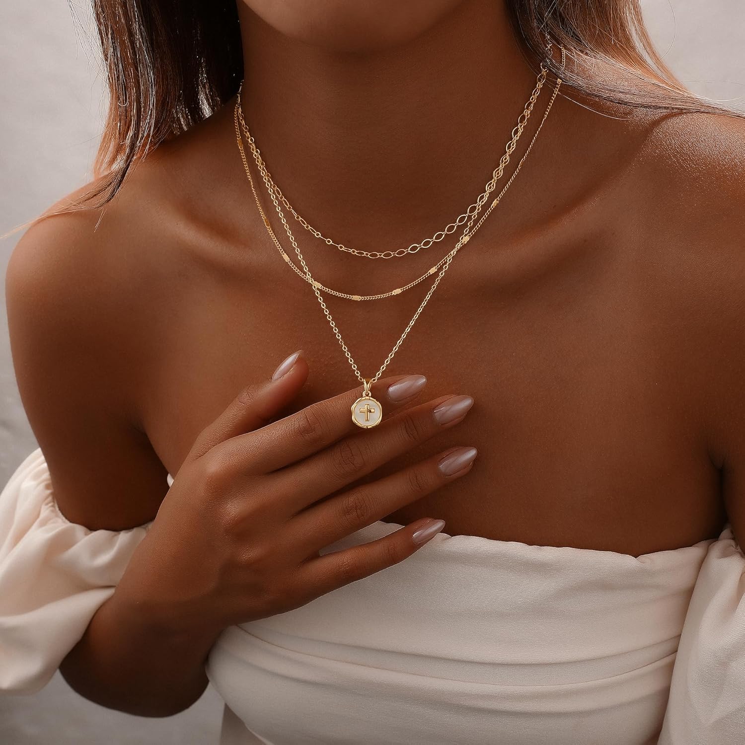 Gold Necklace for Women 14K Gold Plated Layered Cross Bar Necklace Herringbone Figaro Paperclip Flat Chain Cute Charm Accessories Non Tarnish Jewelry Set Gifts for Women - Image 3