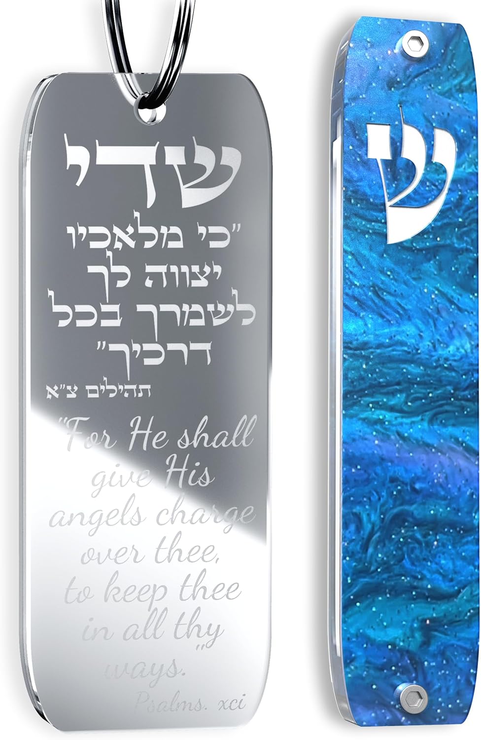 Mezuzah for Car, Handmade with Scroll, Hanging Rearview Mirror Jewish Gift, Double-Sided Engrave and Handmade Modern Mezuzah for Door Without Kosher Classic Style Blue Sea
