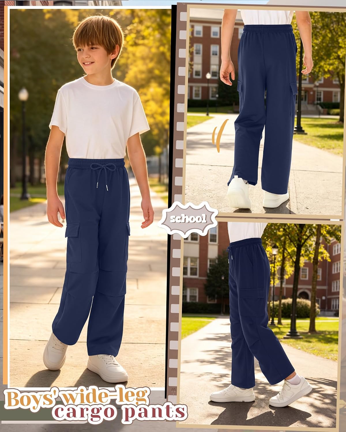 Boys Cargo Pants Baggy Wide Leg Pleated Front Sweatpants with Pocket Kids Back to School Pants for 5-14 Years