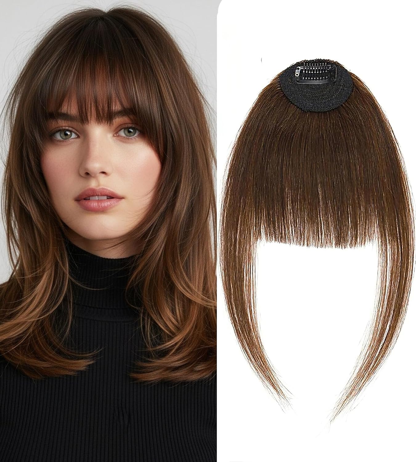 Clip in Bangs Medium Brown Color 100% Real Human Hair Wispy Clip on Bangs Extensions Fringe with Temples Hairpieces for Women