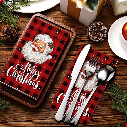 Miniatura 3 de Karenhi 200 toallas de mano desechables de Navidad para baño, 2 capas de papel de Papá Noel, toallas de invitados de búfalo a cuadros, servilletas