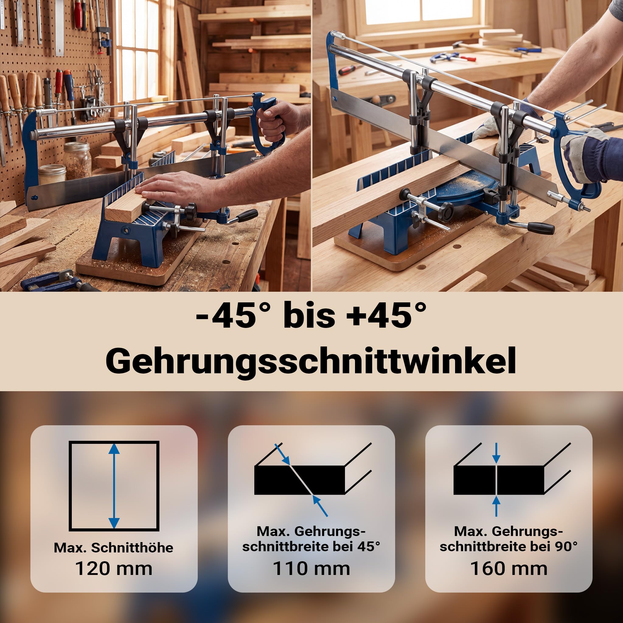 Wiltec Gehrungssäge 600 mm, -45° bis +45°, Schnittbreite 110 mm/160 mm, Schnitthöhe 120 mm, Handsäge für die Holzbearbeitung, Kappsäge Winkelsäge