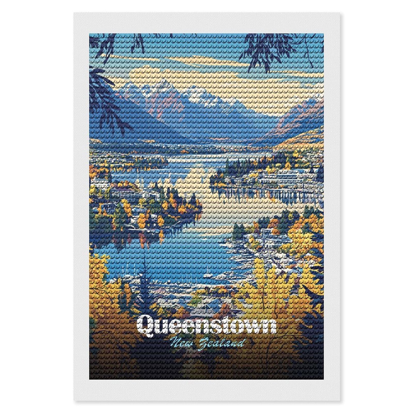Junmoney Queenstown, New Zealand Landscape(2) Diamond Art Kit 8"x12", Bedroom Decor, Adhesive Canvas, Full Kit Included, Thoughtful Present, Birthday Gift