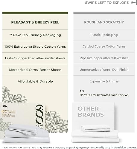 Miniatura 2 de Juego de sábanas de tamaño King de 600 hilos, 4 piezas, 100% algodón, sedosas y suaves como el algodón egipcio, para colchones de hasta 17 pulgadas