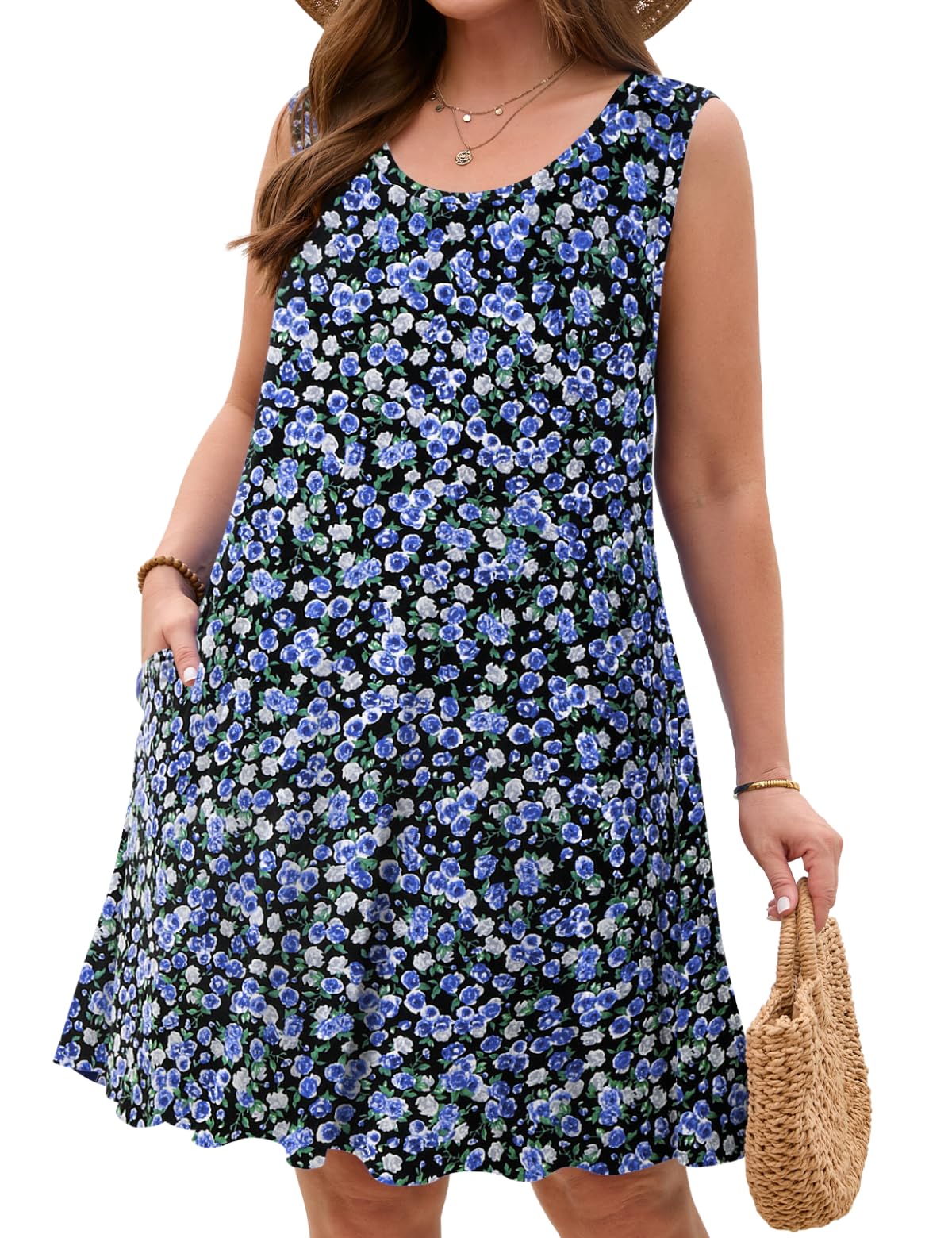 JollieLovin Women Plus Size Curvy Summer Tank Sun Dresses Sleeveless Causal T-Shirt Dress Beach Swing Cover up(L-5X)