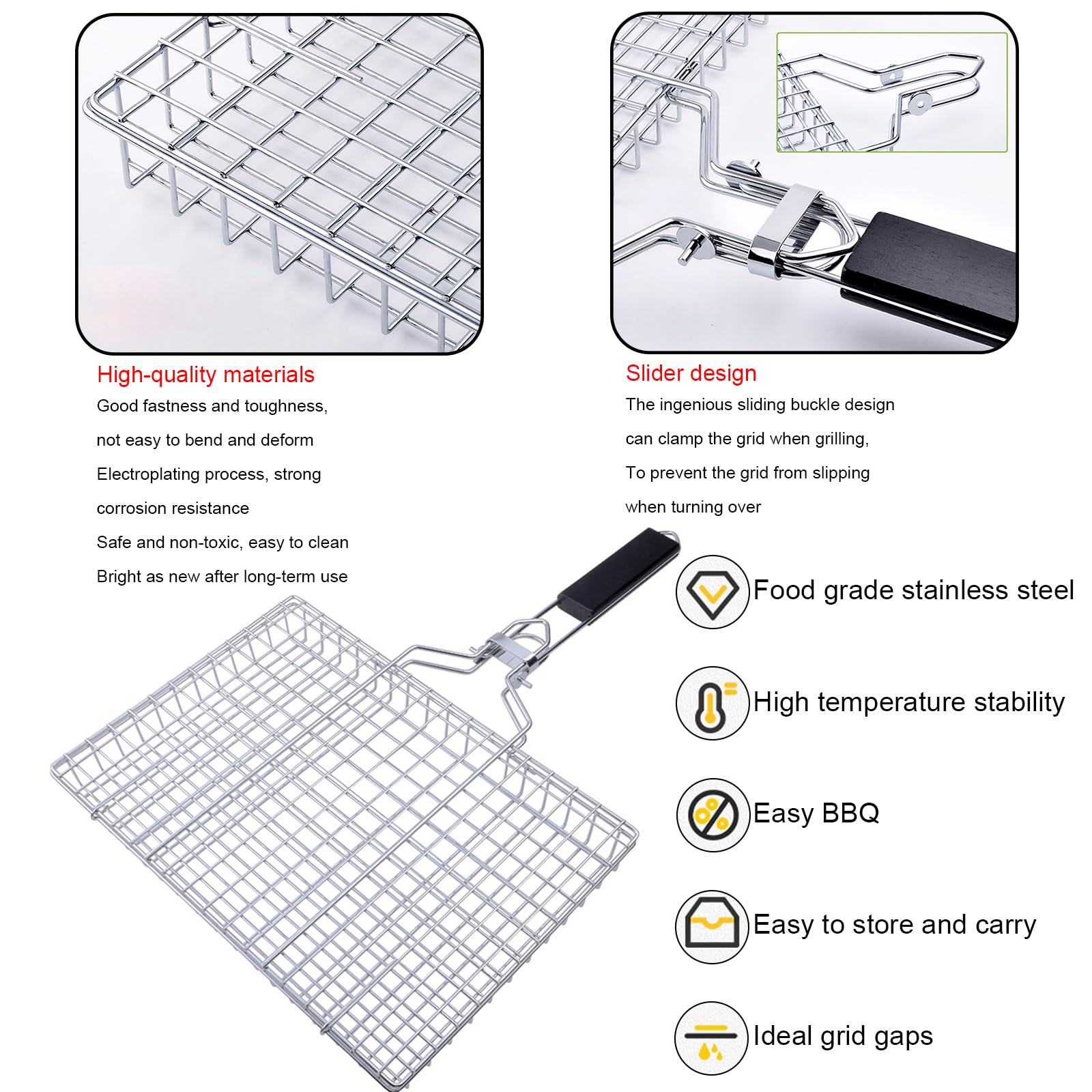 Panier Grille pour Barbecue, Grille de Barbecue Portable avec Poignée Amovible en Bois, Accessoires de Barbecue Grille Panier pour Poisson Rôti, Crevettes, Légumes, 32 x 22 x 3.5 cm