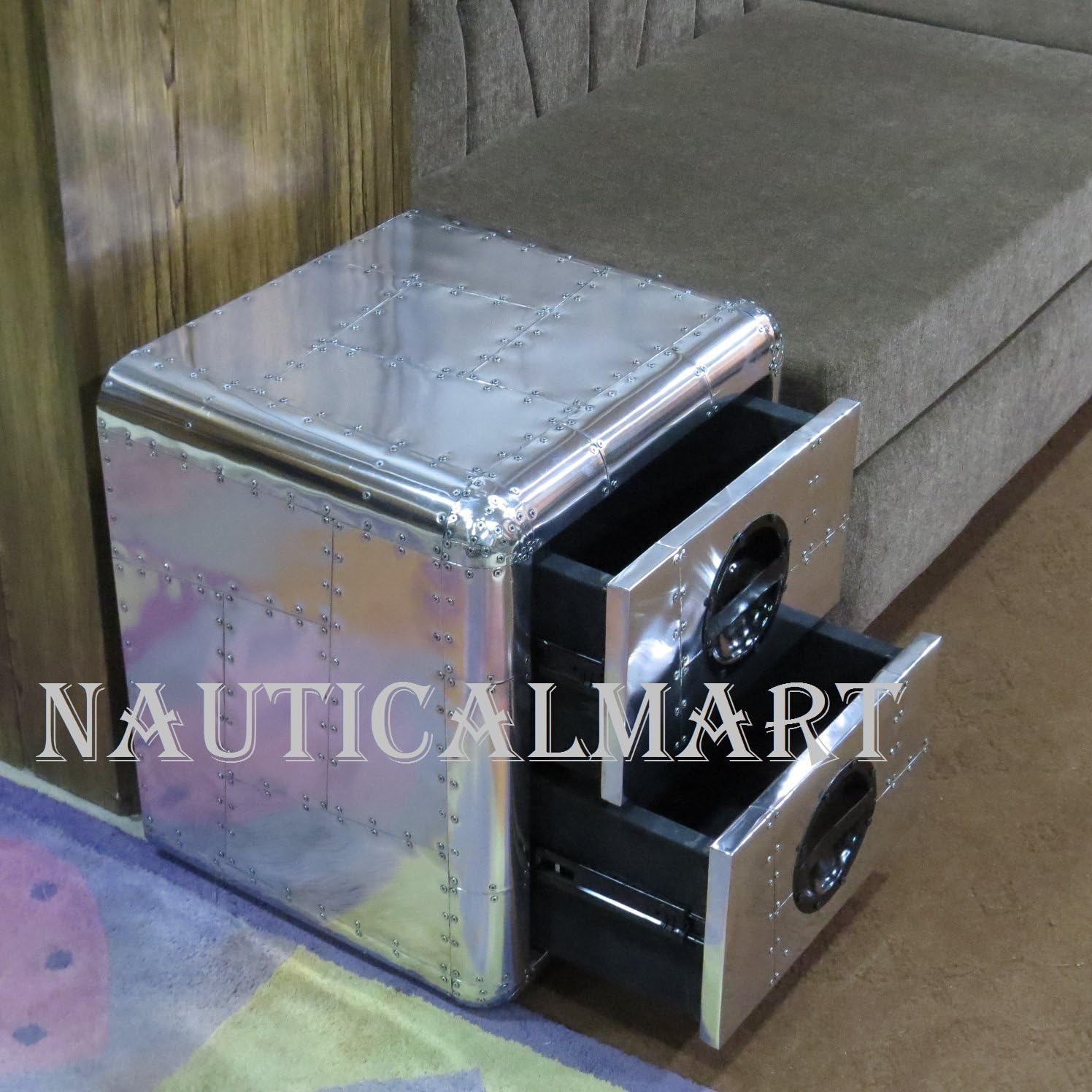 NauticalMart Aluminum Two Drawer Bedside Silver Table