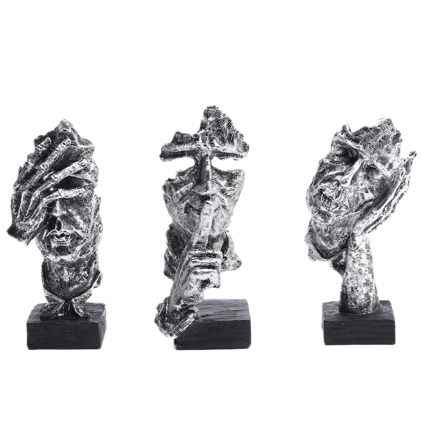 3 Pcs Thinker Statue and Sculptures, Silence is Gold Abstract Art Figurine, No Hear No See No Speak Modern Home Resin Sculptures Decorative items suitable for Bookshelf Tabletops Decor (Silver)