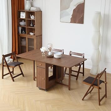 COMUHOME Folding Dining Table with 4 Chairs, Folable Dining Table with 2 Drawers and 4 Wheels, Space Saving Drop Leaf Table for Living Room Kitchen Farmhouse in Walnut
