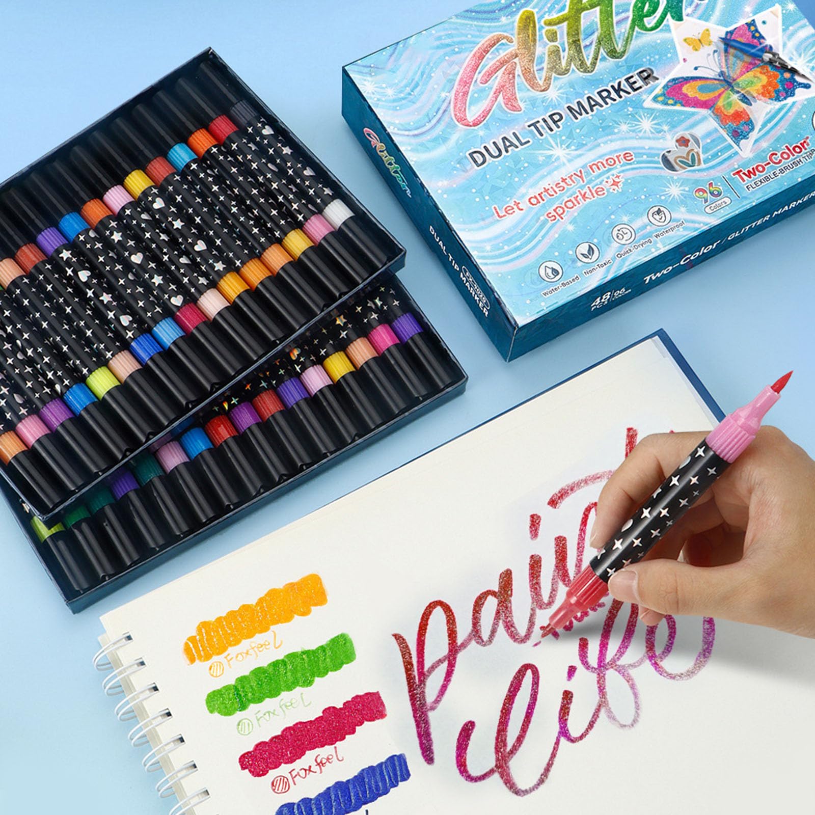 Pennarelli a doppia punta glitterati pennello morbido penne ad acquerello per bambini Disegno artistico Design flessibile Pennarelli da disegno Set di pennarelli a doppia punta
