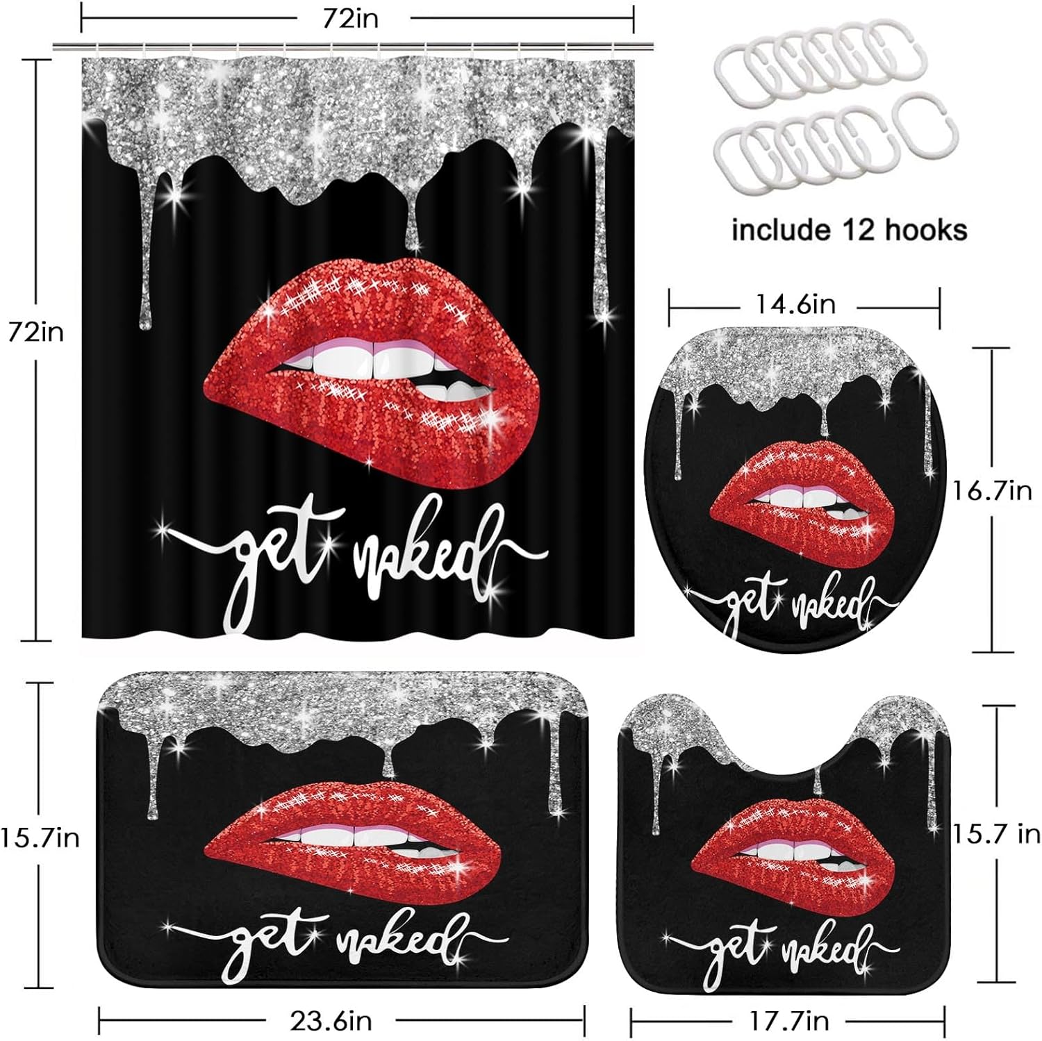 Arttown Black Bathroom Set with Shower Curtain and Rugs Accessories, Diamond Get Naked Lips Shower Curtains, Black and Red Bathroom Decor 4 Pcs