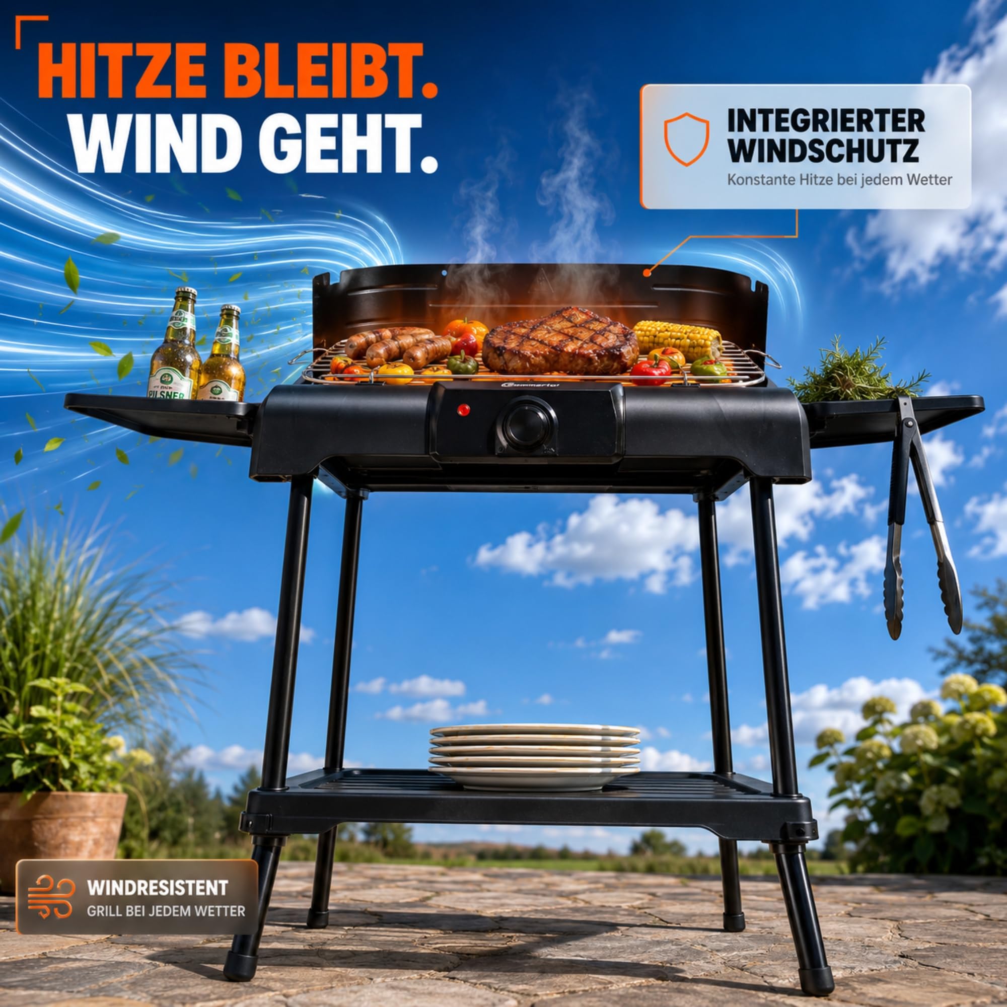 Sommertal BBQ231, barbecue elettrico | Barbecue da balcone | 2200 W | Barbecue da campeggio | 2in1 | Regolatore di temperatura senza scalini | Superficie di appoggio | Riscaldamento rapido |