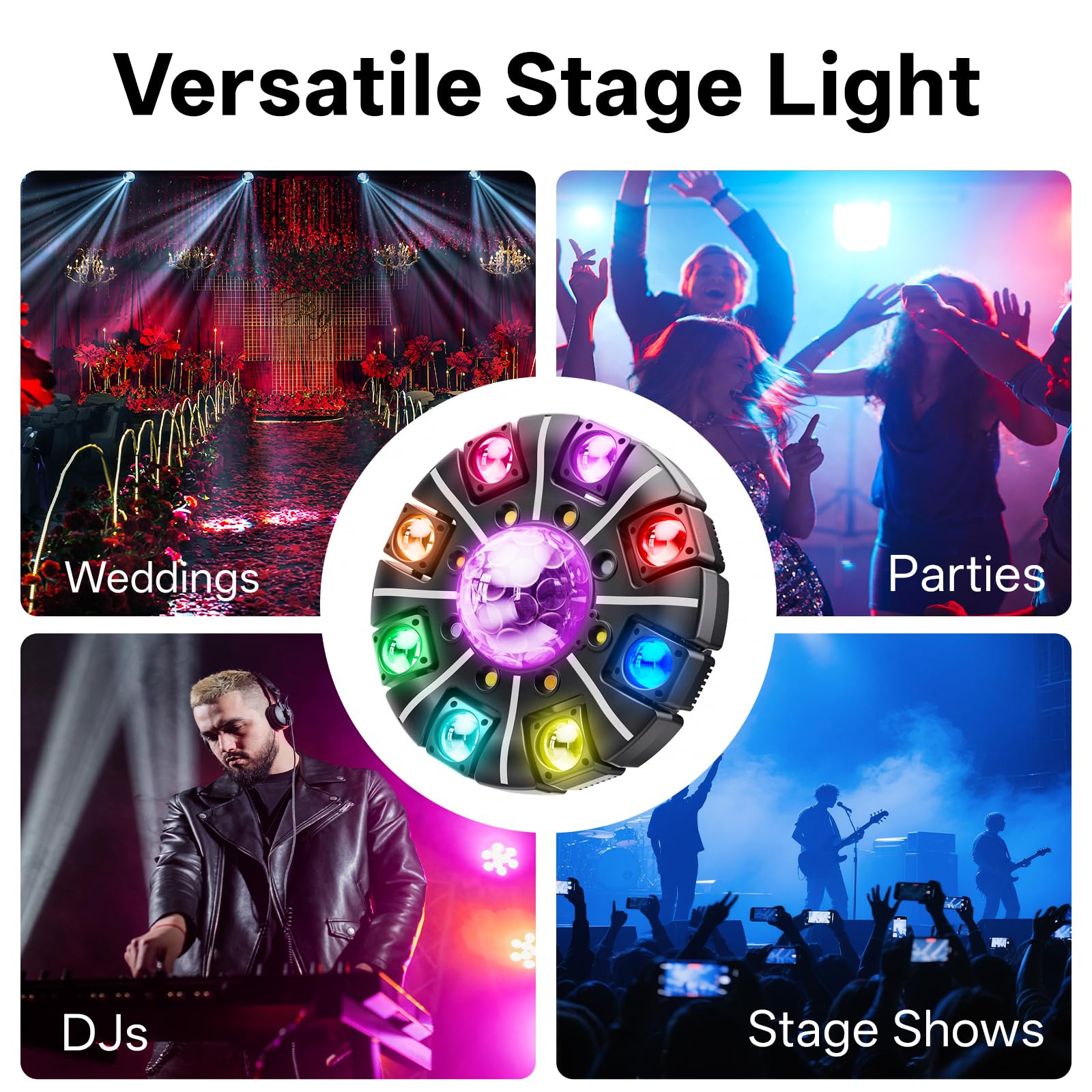 150W Beam Teste Mobili Luci Palcoscenico con Telecomando, 8 bracci LED RGBW Faro Lampada da Festa Palla da Discoteca con Motivi DMX512 Strobo Controllo Vocale per Bar Esibizioni DJ Concerti