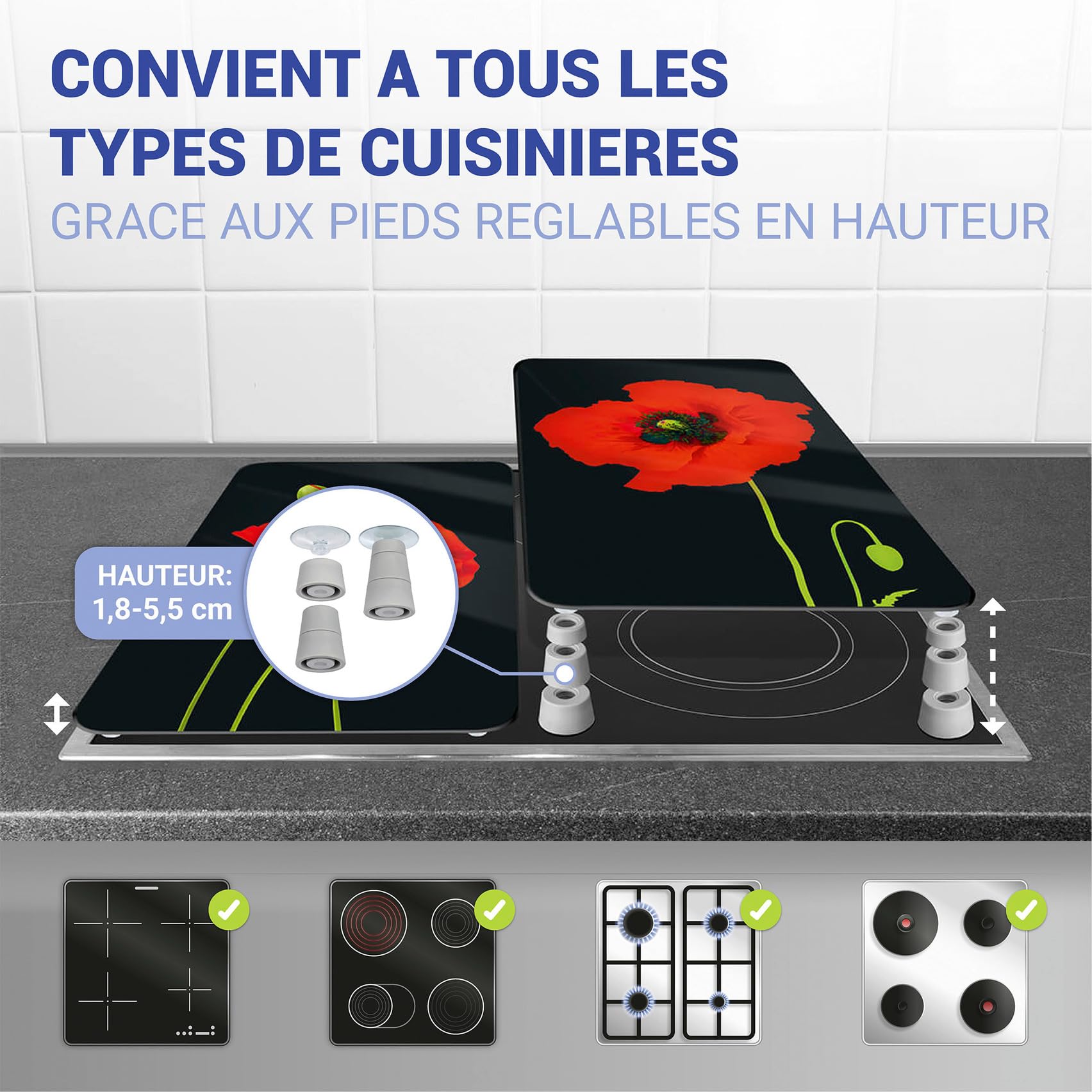 WENKO Plaque de Recouvrement Universelle Mod. Coquelicot, réglable en hauteur pour tout type de cuisinière, planche à découper et protection anti-éclaboussures, verre, 30 x 52 cm, 2 pièces