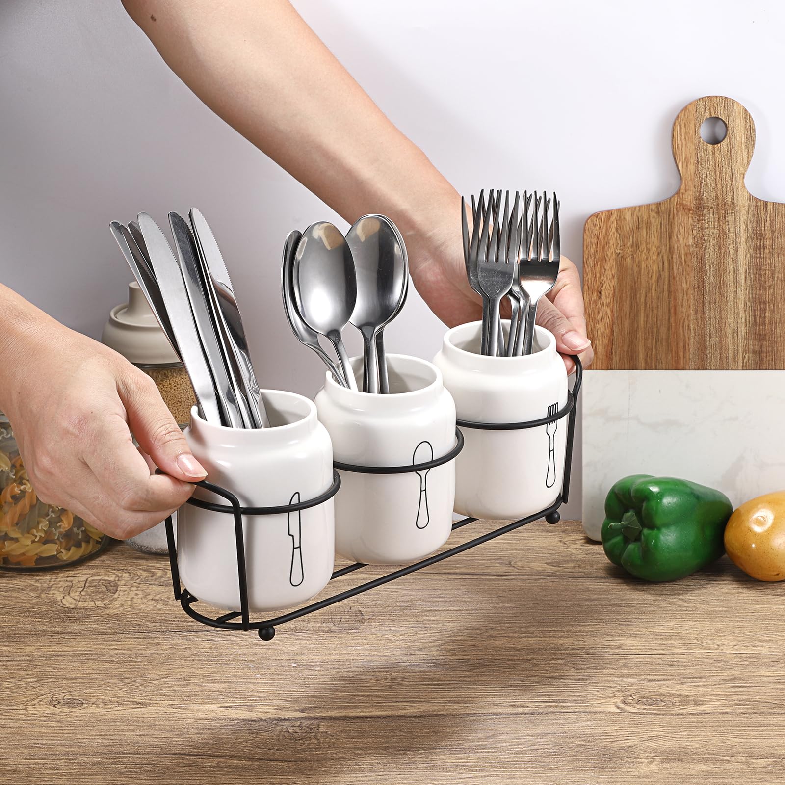 SUMNACON Portaposate in Ceramica, 3 Pezzi, Supporto per Cucchiai, Organizer da Cucina, Armadio da Cucina, Bianco