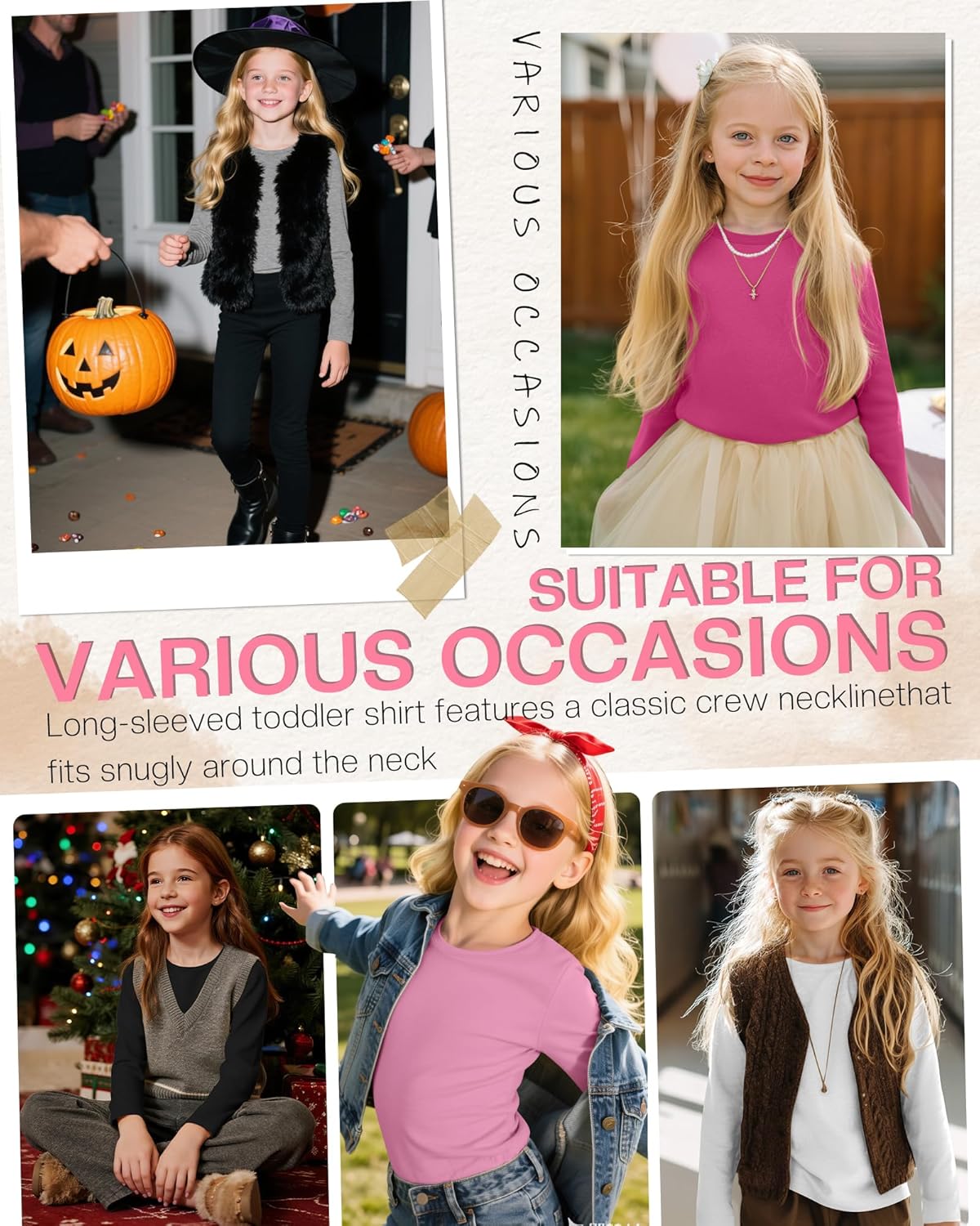 5 Pack Girls' Long Sleeve Shirts Kids Soft Crewneck Casual Loose Fit Layering Tops Basic Athletic Pullover Tee - Image 4