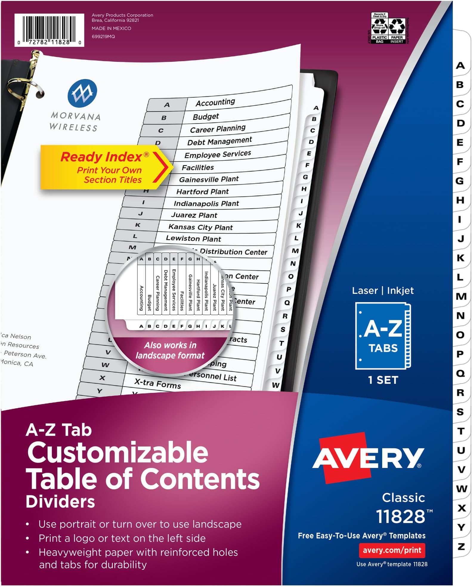 A-Z 26 Tab Dividers for 3 Ring Binders, Customizable Table of Contents, Classic White Tabs, 1 Set (11828)