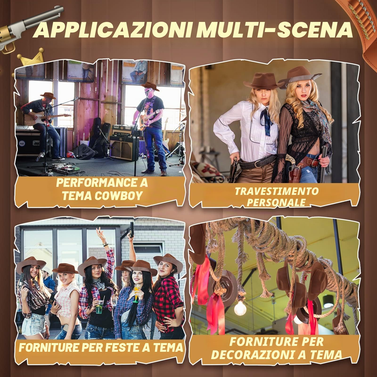 Set di 12 cappelli da cowboy occidentali in feltro a tesa larga per feste da cowgirl da uomo e donna, costume da festa (marrone)