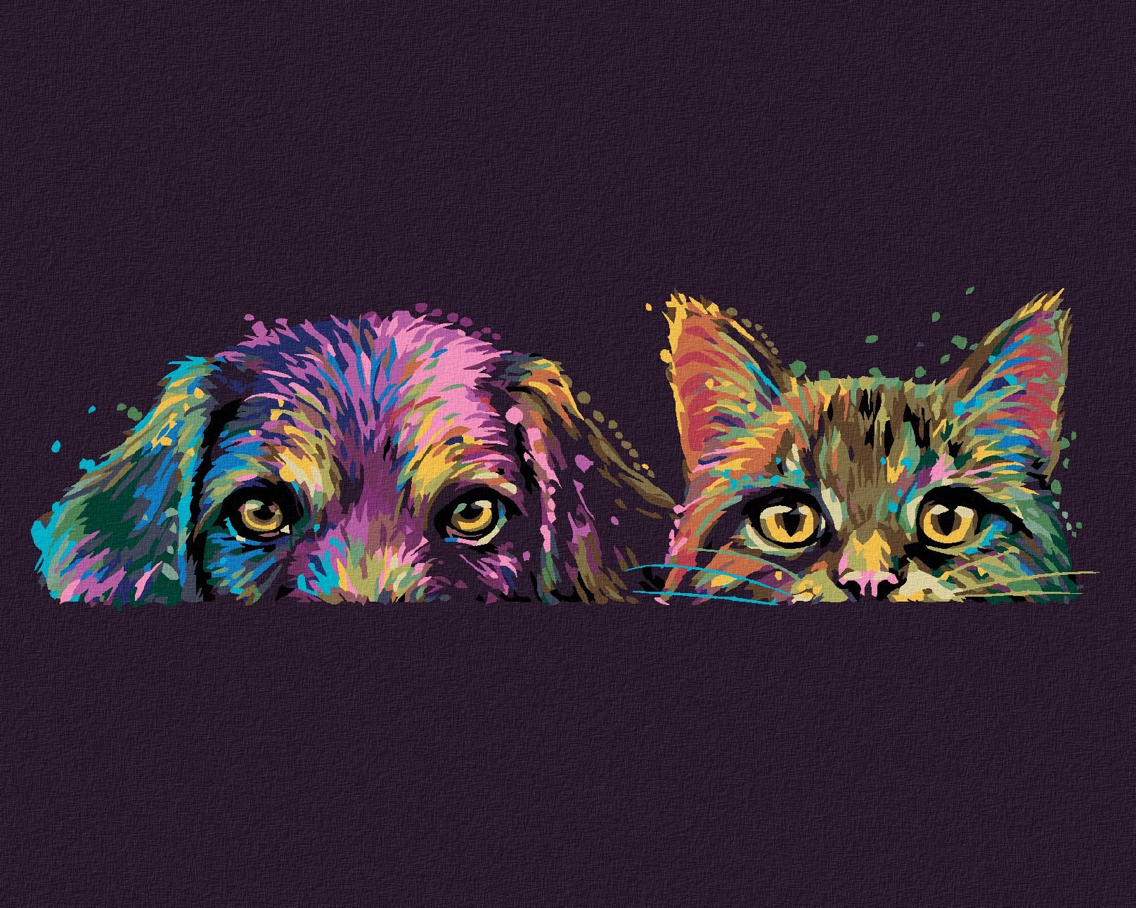 Malen nach Zahlen - HUND UND KATZE IN FARBEN 80x100 cm mit Keilrahmen (bereits gespannt)