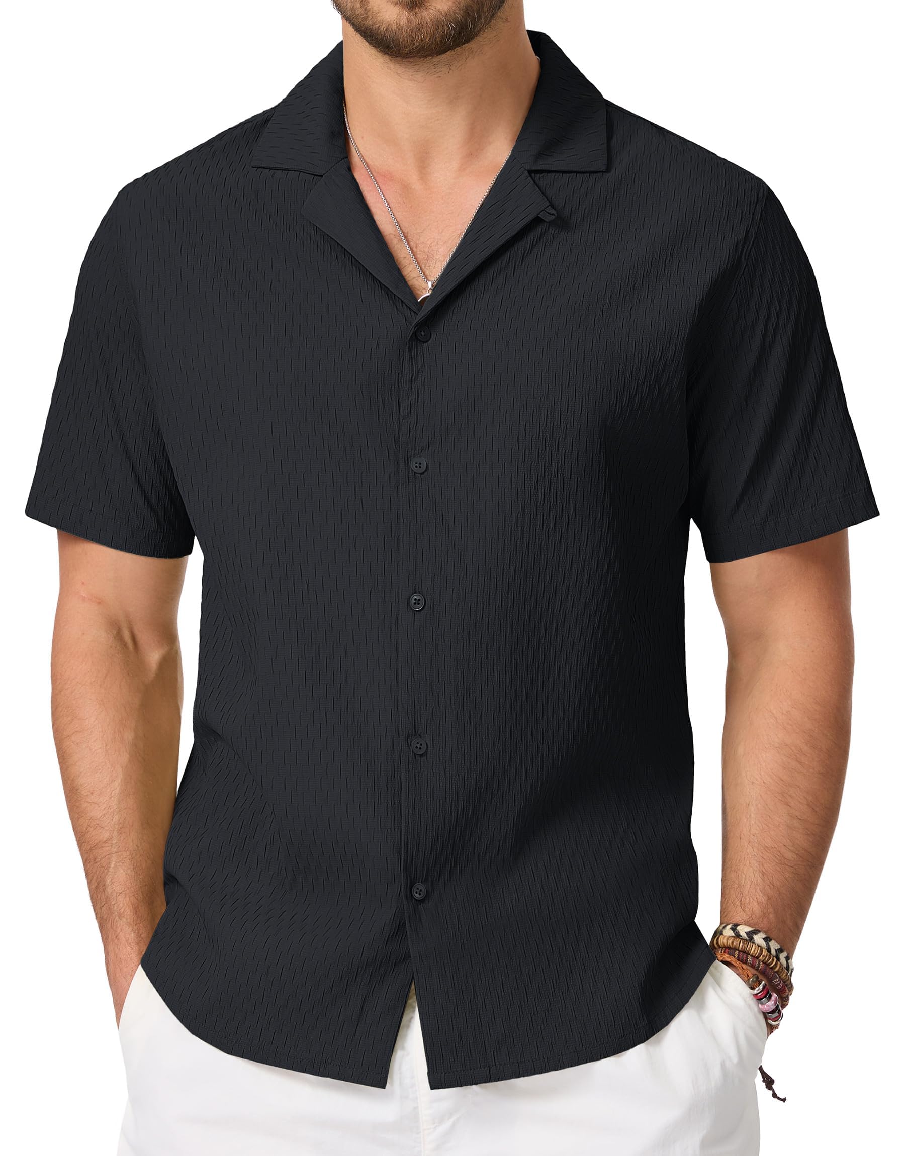 Cavva Chemise à manches courtes pour homme Guayabera cubaine décontractée boutonnée chemise d'été chemise de plage respirante