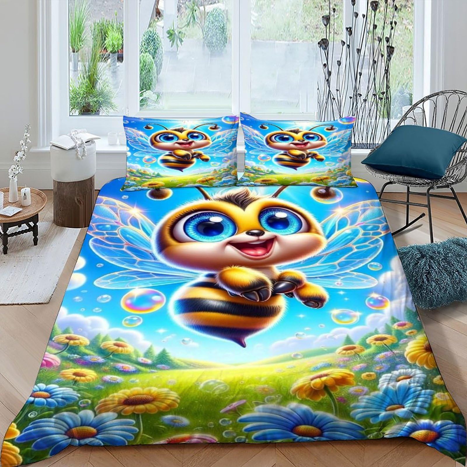 Flower Honeybee Bedding Set Theme Bedspread Animal Themes Wildlife Duvet Cover Set Microfiber Comforter Cover Suitable for Family,couple,children with Pillow King（220x240cm）