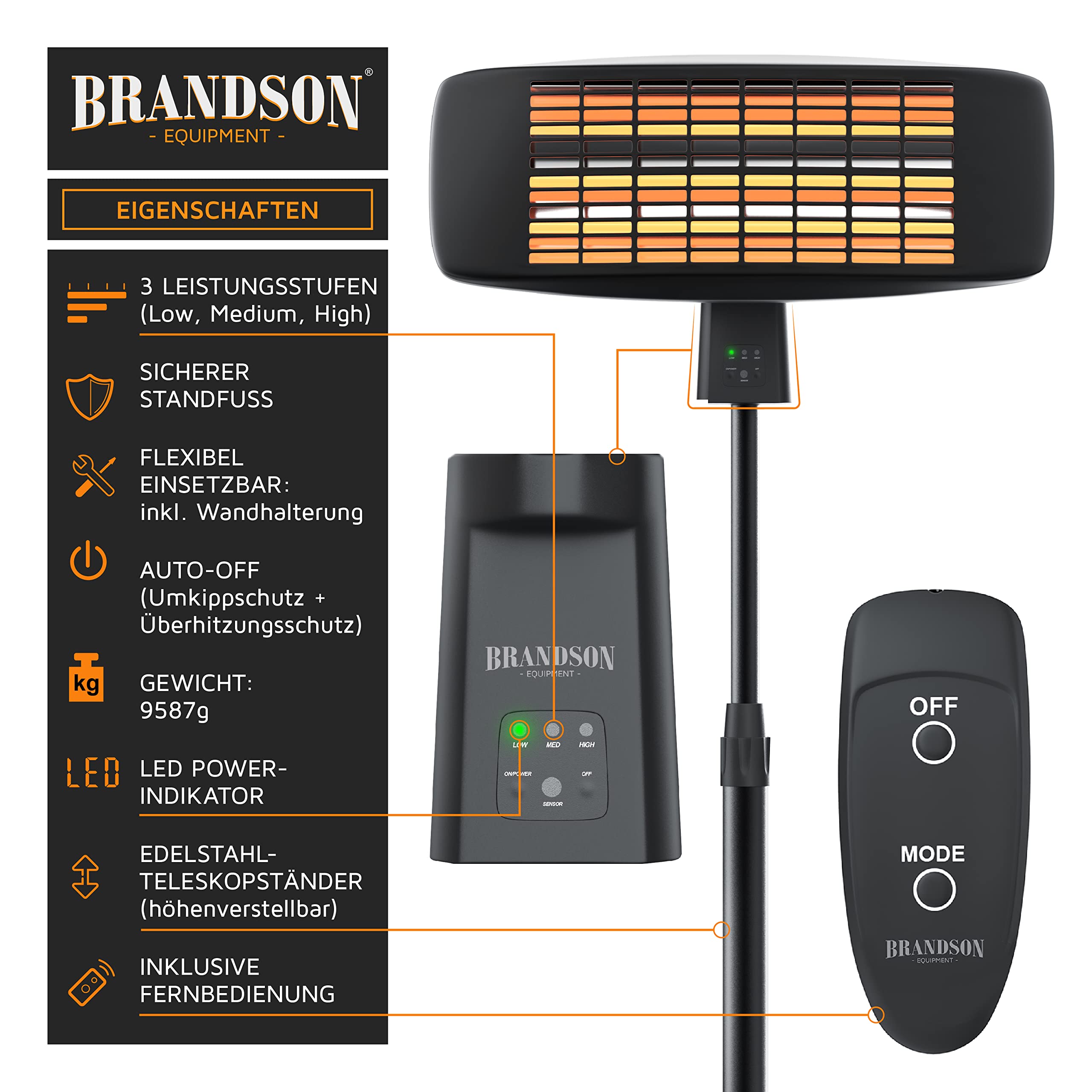 Brandson - Infrarot Heizstrahler mit Fernbedienung - Heizlüfter Terrassenheizstrahler - 3 Leistungsstufen Heizelemente - Inkl. Fernbedienung - LED Power-Indikator - Wandhalterung