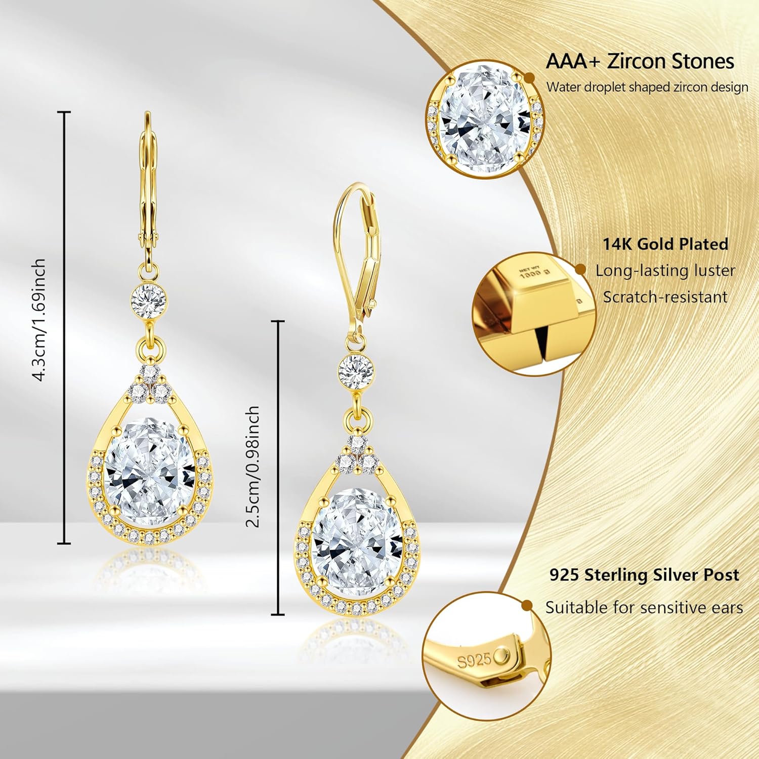 Sterling Silver Drop Earrings for Women Trendy Leverback Silver Dangle Earrings with Cubic Zirconia Charm Dangle Drop Earring Jewelry Hypoallergenic - Image 6