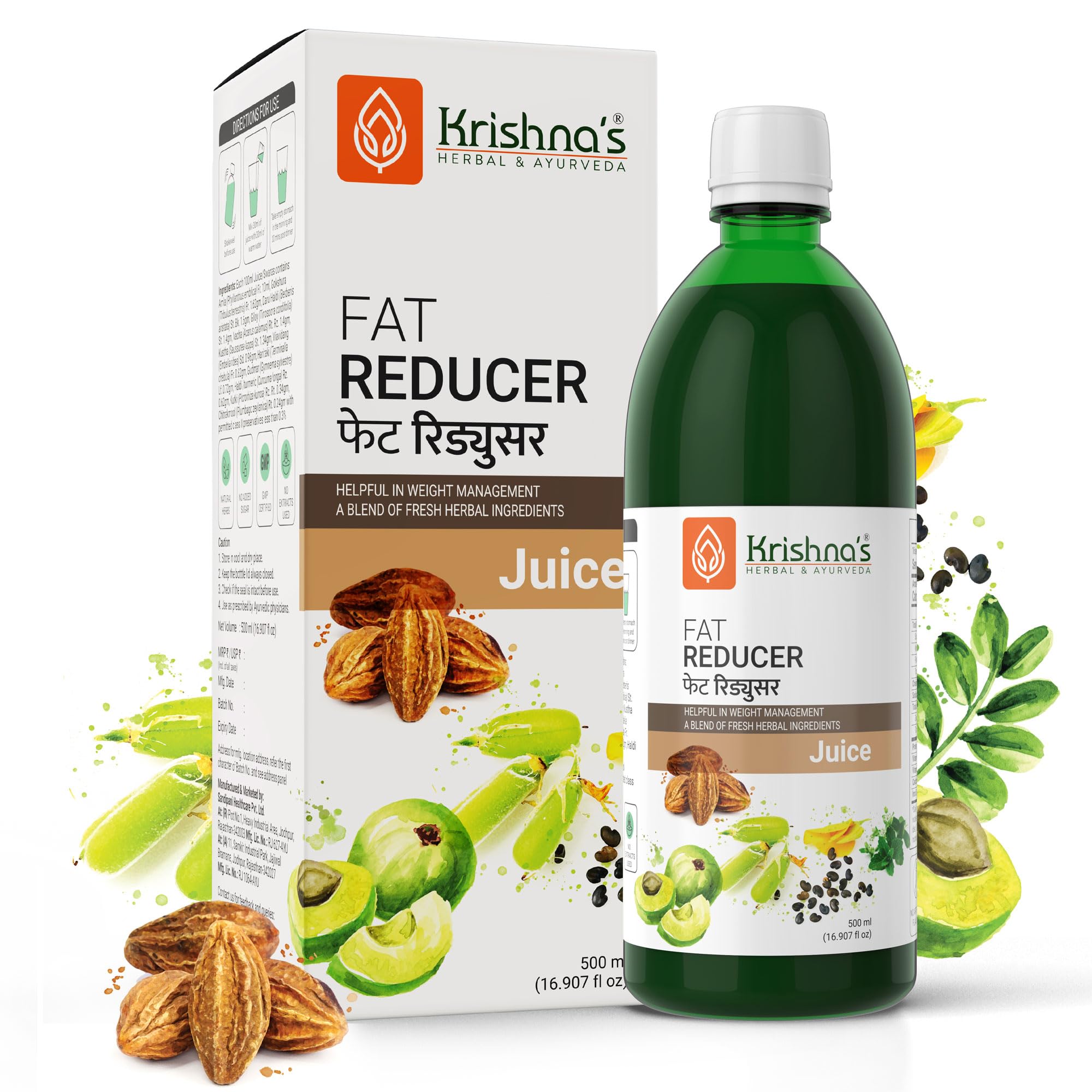 Krishna's Herbal & Ayurveda Fat Reducer Juice - 500 ml | 12 Powerful herbs for Weight Management | Amla, Harad, Daru Haridra, Sunn Hemp | Aids Metabolism and Digestion