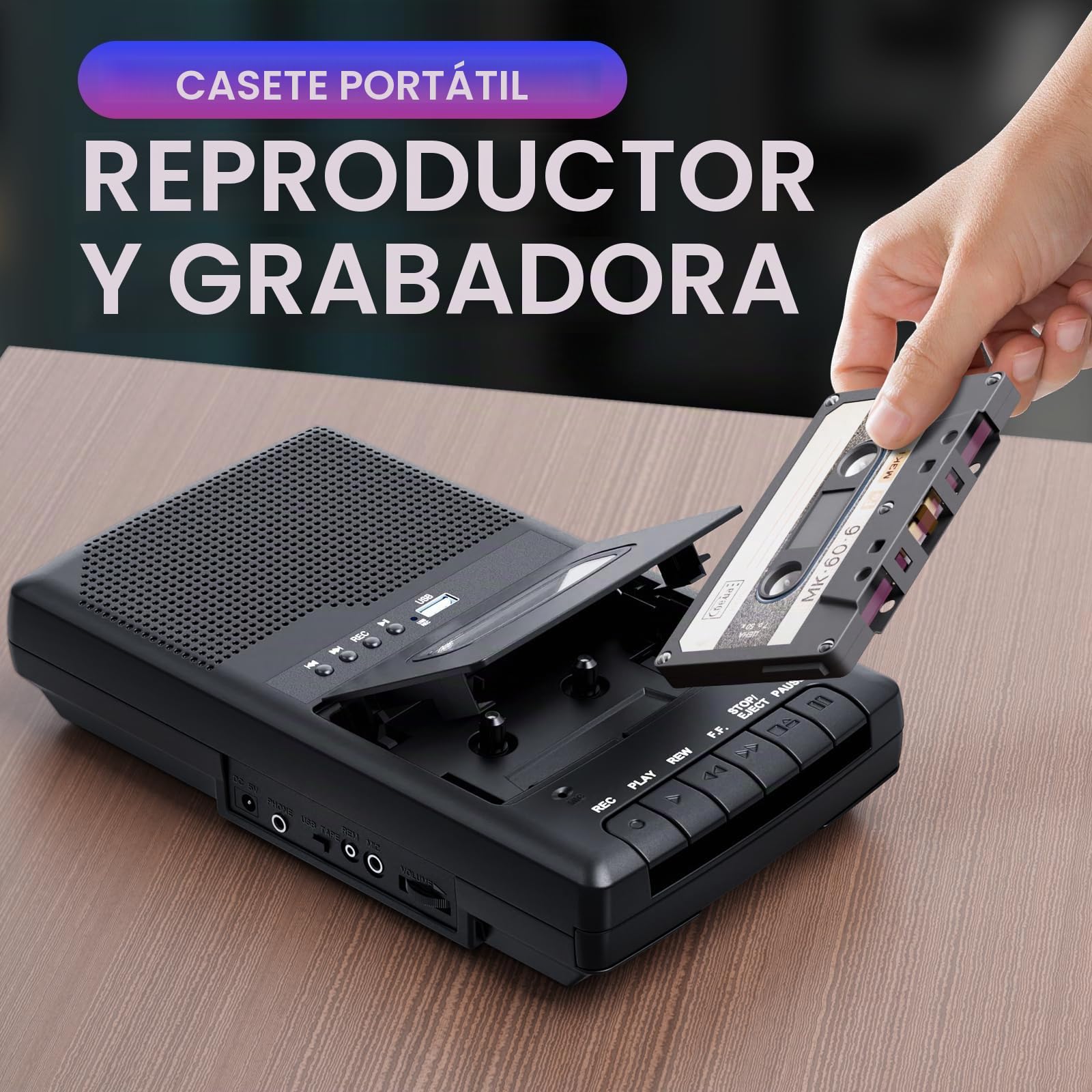Grabador de Cassette, Reproductor de casetes móvil y digitalizador USB,con Altavoz y micrófono,Mango Extensible, Auriculares