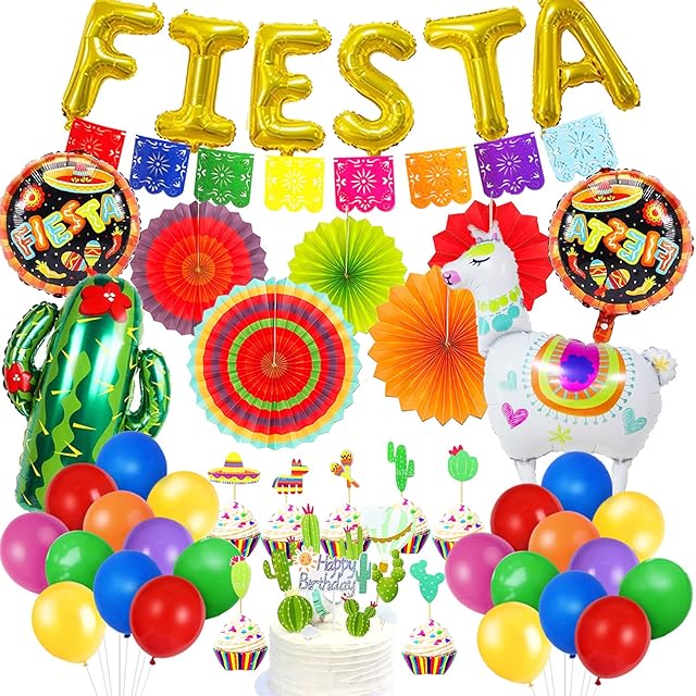 CHMMY Mexican Party Decorations Fiesta Party Decorations Rainbow Birthday Decorations with Colorful Paper Fans Alpaca Cactus Foil Balloons Cake Topper for Carnivals Cinco de Mayo Birthday Party