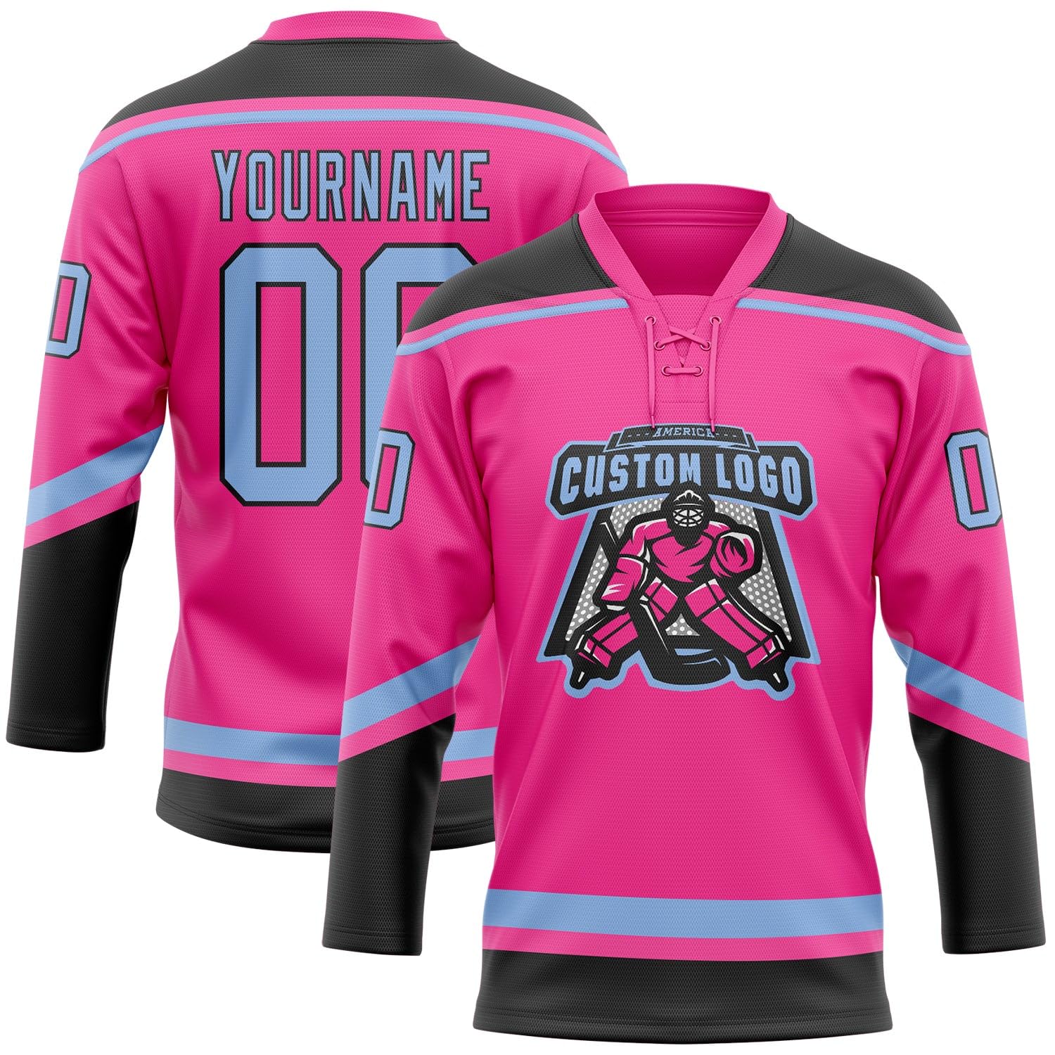 Custom Pink Light Blue-Black Hockey Lace Neck Jersey, Mens Hockey Jersey, Hockey Practice Jersey, Practice Hockey Jersey, Hockey Jersey Men, Jerseys for Men, Hockey Jersey, Custom Hockey Jersey