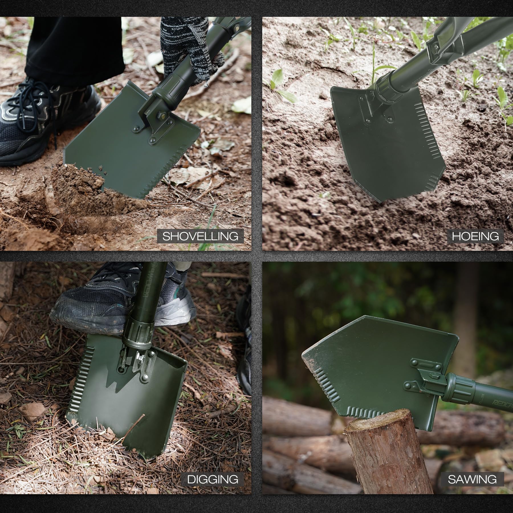 REDCAMP Pelle de Camping Pliante Militaire, Outil de retranchement en Acier à Haute teneur en Carbone, Pelle à Trois Volets avec Couvercle (Vert, 1,4 kg)