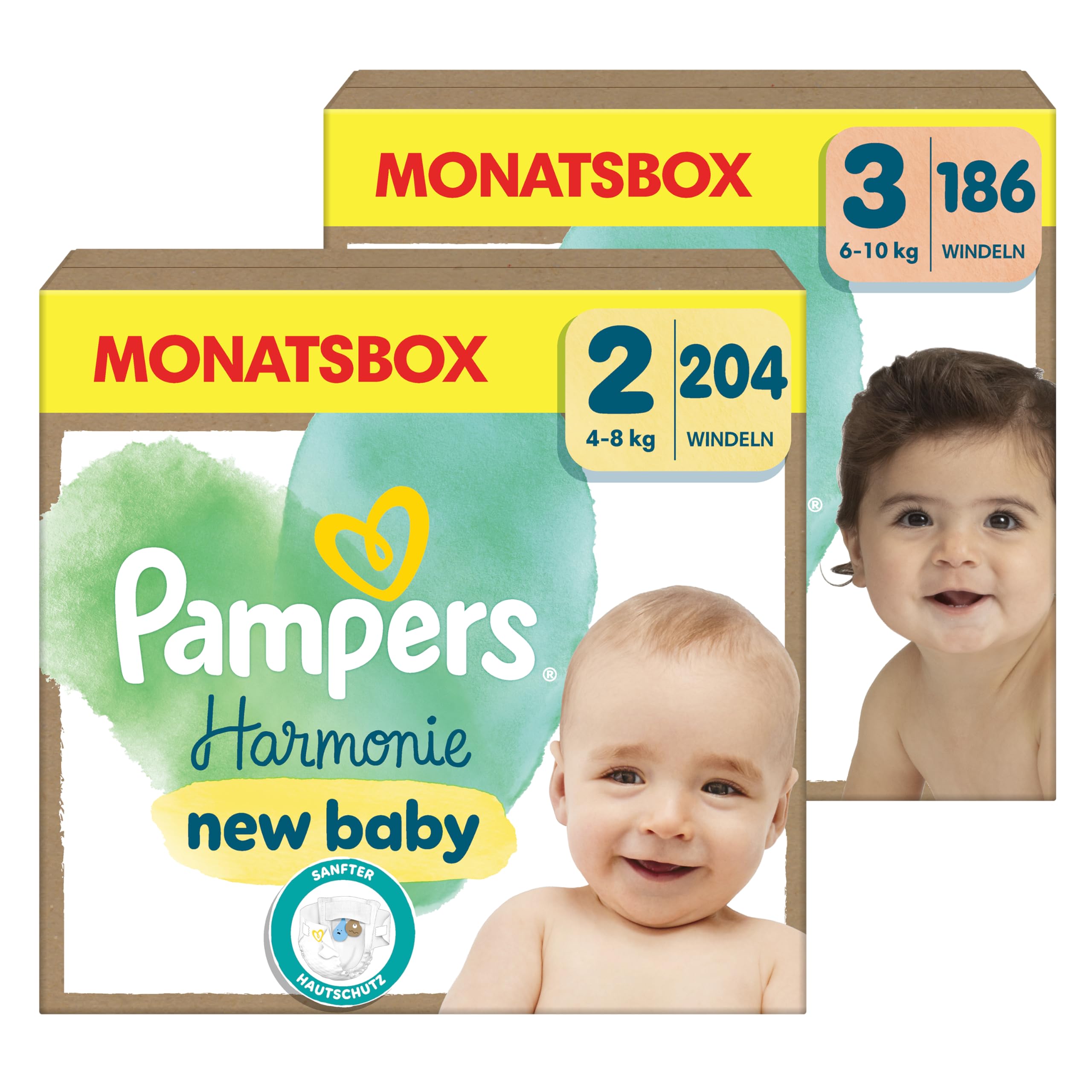 Pampers Harmonie Windeln MONATSBOX Set, mit Größe 2 (4-8kg, 204 Stück) + Größe 3 (6-10kg, 186 Stück), Baby Erstausstattung