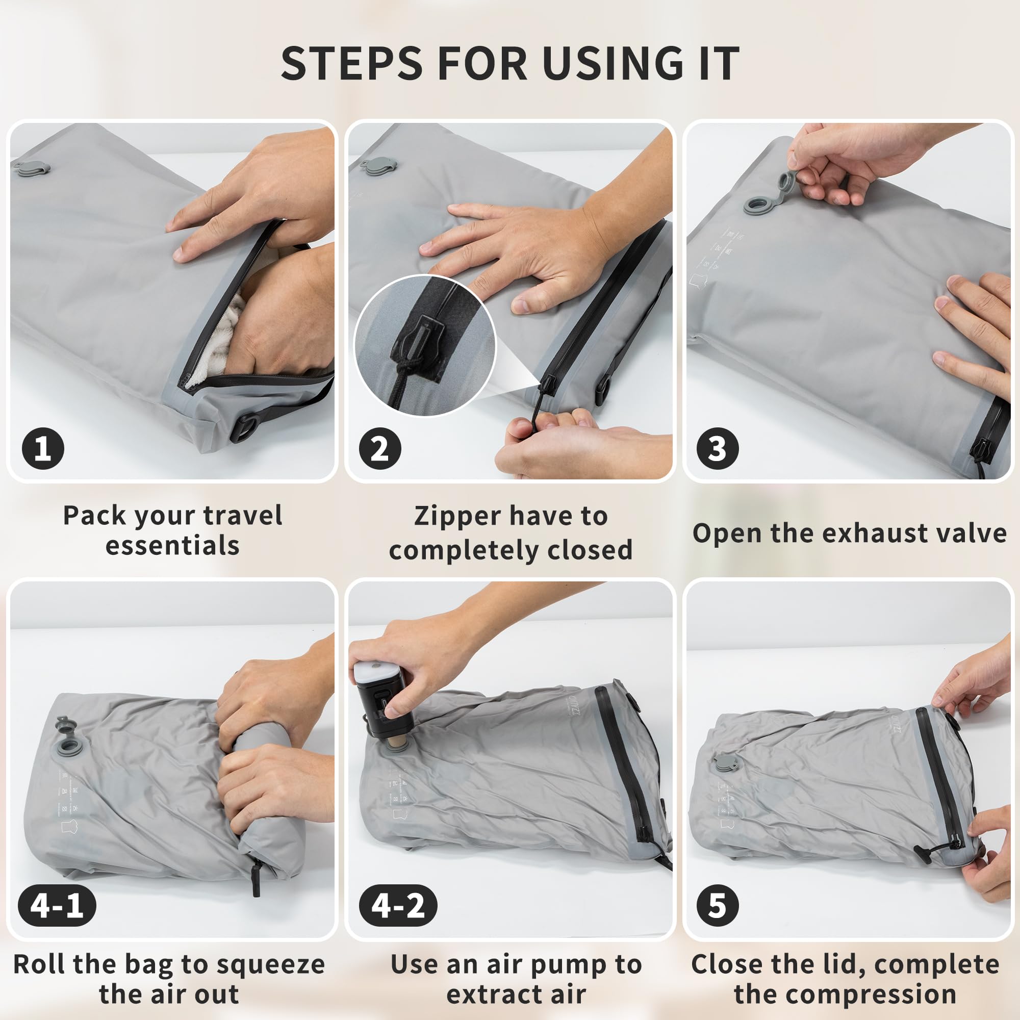 Organizer per Valigie Compressione Cubo Imballaggio Set di 4 Riutilizzabile TPU Sacchetti Sottovuoto con IPX8 Impermeabile Cerniera Sacchetti Sottovuoto per Vestiti Biancheria Intima Calzini Scarpe