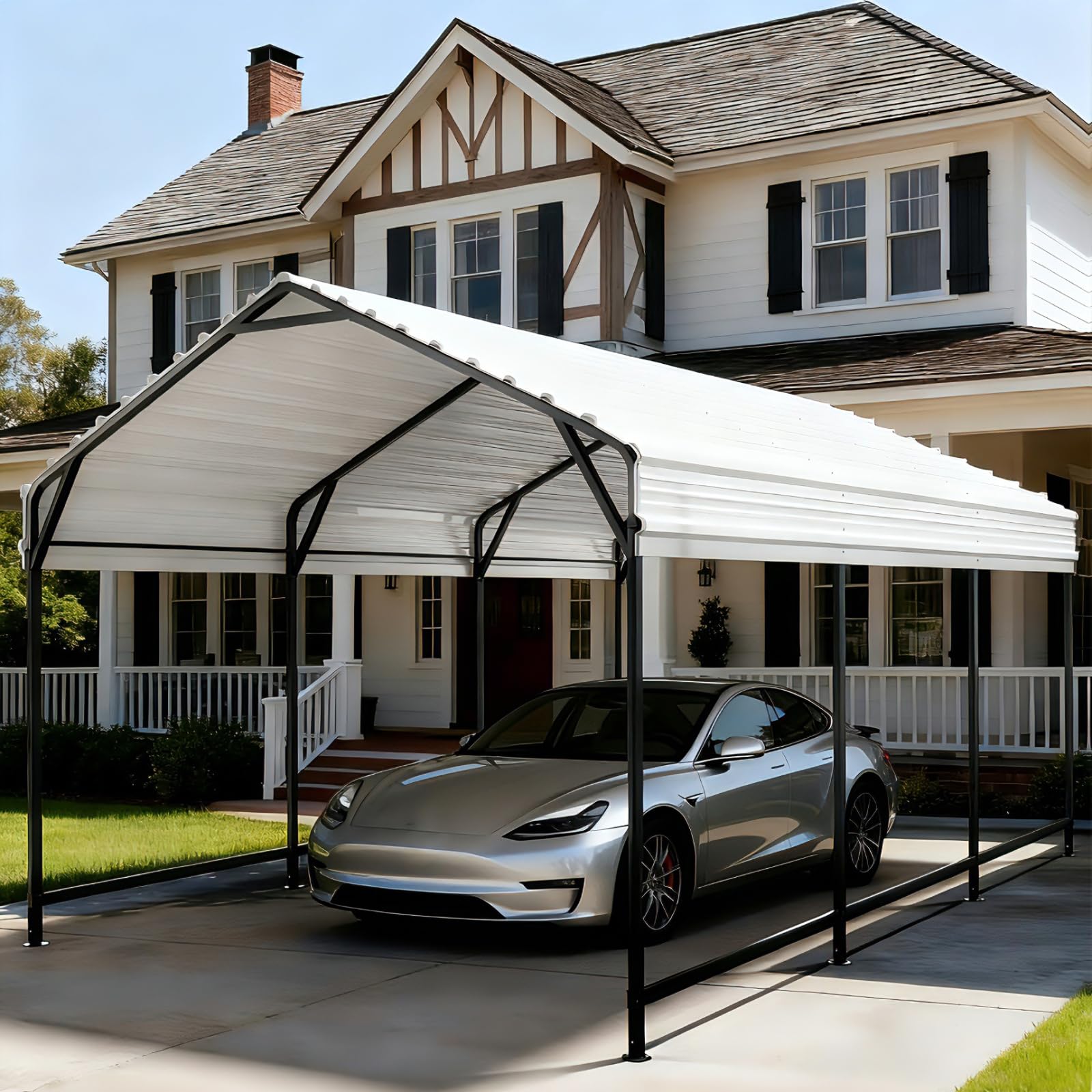 Metal Carport 10x15 ft Heavy Duty Car Port Outdoor Canopy Steel Roof All-Weather Multi-Use Garage Shelter for Car, Boat, Tractor and Truck