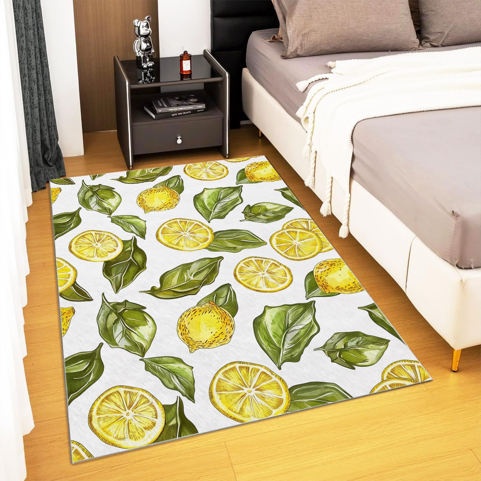 Generisch Teppich Wohnzimmer 120 x 170 cm Weiß Handgezeichneter Stil Zitronen Blätter 3D Fußmatte Jugendzimmer Esszimmer und Schlafzimmer Teppich Kurzflor Bodenmatte Extra Weich Pflegeleicht