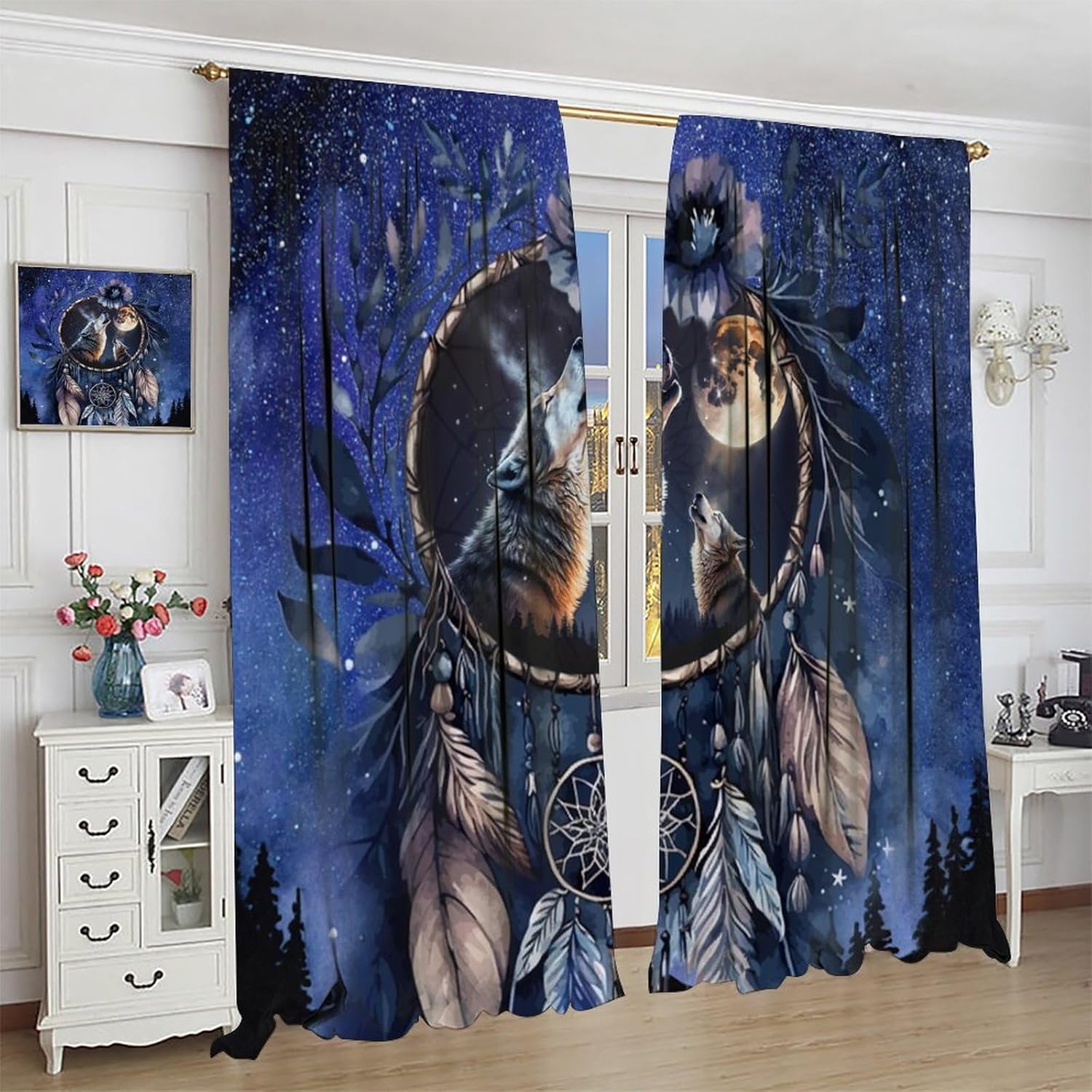 Watercolor Forest Wildlife Wolf Blackout Curtains for Living Room,Abstract Vintage Dreamcatcher Native American Room Darkening Window Curtains with Rod Pocket - 2 Panels 45" L x 21" W