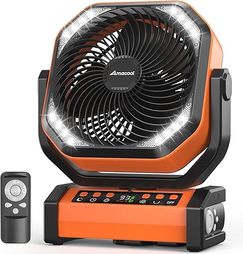 Ventilador de camping con luz, ventilador de batería recargable de 20000 mAh, tiempo de enfriamiento máximo de 112 horas, 8 velocidades, pantalla