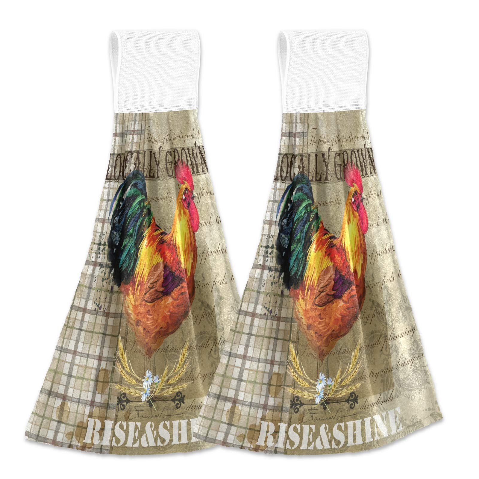 Rooster Daisy Plaid Kitchen Hanging Towel 12 x 17 Inch Flowers Chicken Wheat Hand Tie Towels Set 2 Pcs Tea Bar Dish Cloths Dry Towel Soft Absorbent Durable for Bathroom Laundry Room Decor