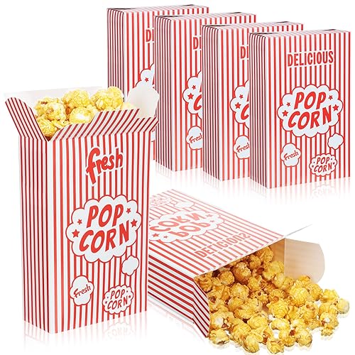 Miniatura 1 de Potchen 200 cajas de palomitas de maíz rojas y blancas con cierre de rayas en la parte superior, 1.25 onzas para fiestas de cine y suministros