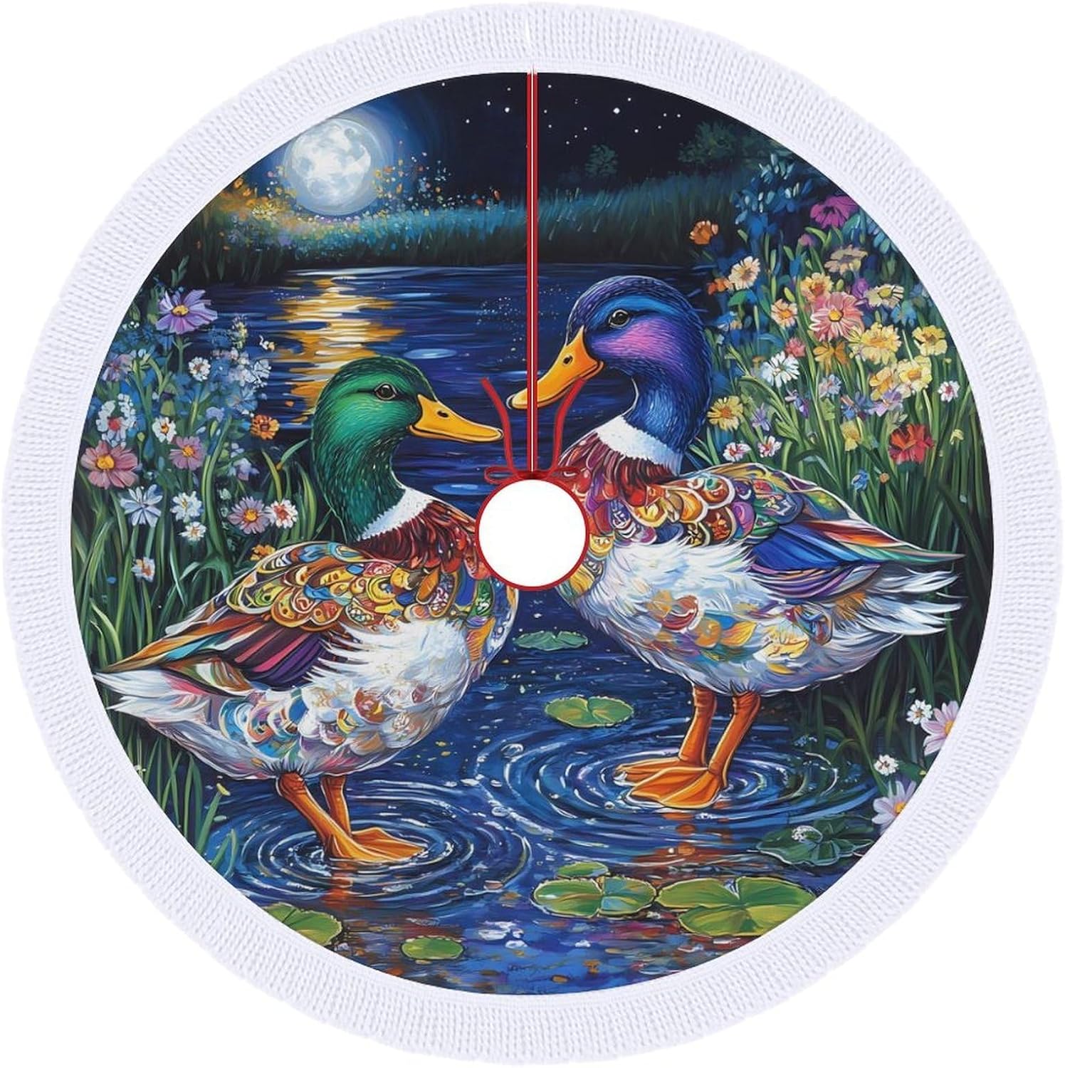 Mallard Duck Print Bird Christmas Tree Skirt Round Xmas Tree Mat Ornaments Tree Skirts with Tassels for Holiday Party