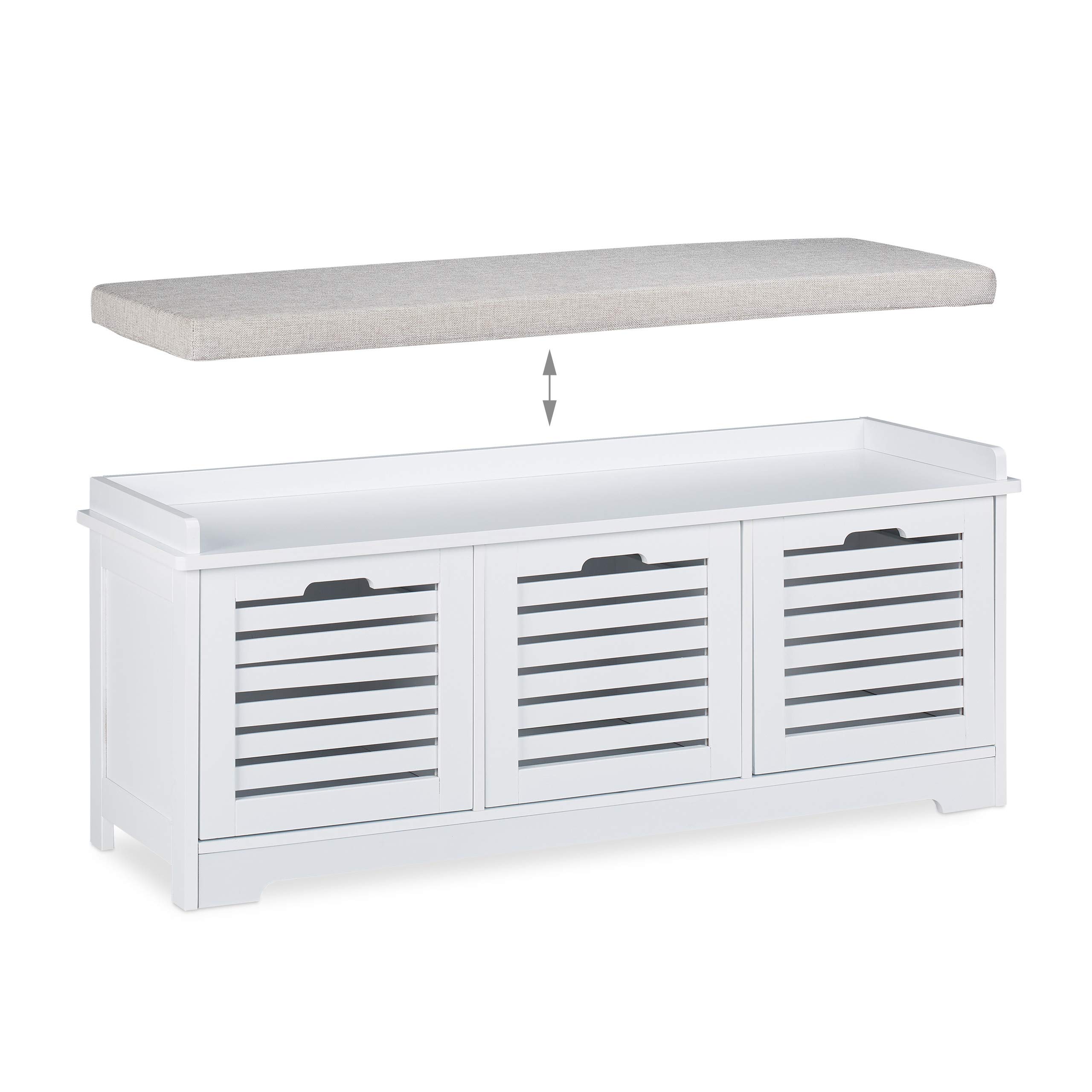 Relaxdays Panca con Contenitore, 3 Cassetti & 1 Cuscino, Cassapanca da Cucina, HxLxP: 44 x 105 x 35 cm, Bianco
