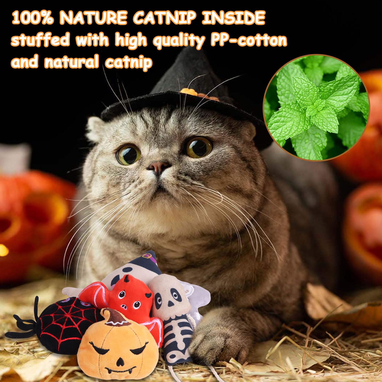 FOIMAS Halloween Catnip Toys,Pumpkin Ghost Catnip Toy Chew Bite Plush Toy for Cat Interactive, Pack of 6