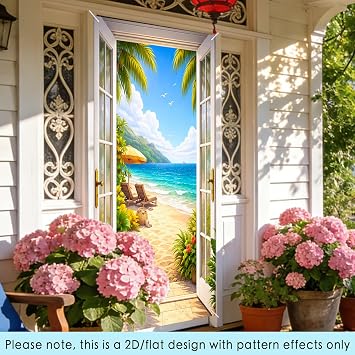 Nuxovilar Door Covers Banner Summer 35.4x70.86 Inches Polyester Open Door Beach View Tropical Patio Backdrop Fresh Serene Home Entryway Porch Event