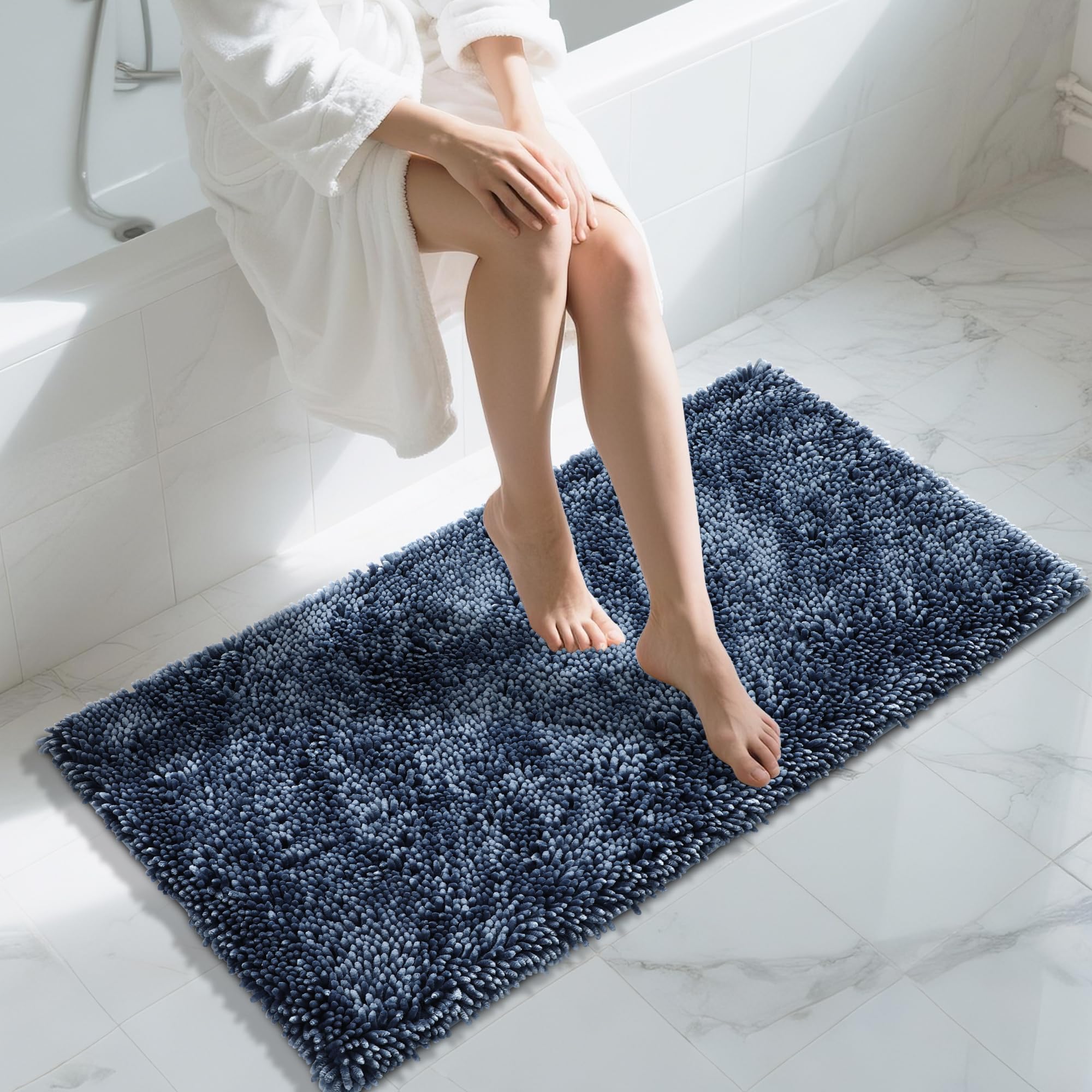 Yimobra Long Bathroom Rug Non Slip 44x24 Inch, Extra Thick Soft Absorbent Chenille Bath Mat, Machine Washable Bath Rugs for Bathroom Floor, Tub and Shower, Home Decor Accessories, Light Blue
